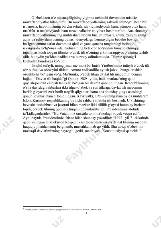 ngil mulki ayni shu tilga ko‘ra munavvardir.bashariyatning necha ming yilliklar mobaynida to‘plangan butun aqliy va hissiy tajribalari ayni shu tilga ko‘ra salomat saqlanib keladi.til faqatgina muloqot quroli emas,u inson ma’naviy –ruhiy dunyosining bekir va betakror tirgagidir. shuning uchun ham tilsiz muhabbat, sadoqat, e’tiqod kabi bir qator cho‘ng tushunchalar tirgaksiz qoladi, shuning uchun ham tilga muhabbatsiz vatan, el muhabbati muallaqlashadi. buni ulug‘ bobokalonimiz alisher navoiy ko‘p va xo‘p ta’kidlagan,uning “tilga ixtiyorsiz –elga e’tiborsiz” degan hikmatli so‘zi ayni shu fikrlarning qaymog‘idir. fransuz olimi m.bellin 1861-yilda yozgan bir kitobida shunday yozgan: “alisher navoiy o‘z milliy tilining afzaliyatlarini inkor etib bo‘lmaydigan dalillar bilan isbot etganligi –o‘z xalqi orasida vatanparvarlikni boshlab berganligidan dalolatdir”.5 alisher navoiyning teran tafakkuri va bepoyon badiiy taxayyuli mahsuli bo‘lmish benazir so‘z durdonalari tilimizning butun salohiyatini namoyon etuvchi ulkan qomusdir. shuning uchun ham, prezidentimiz aytganlaridek, “ona tiliga muhabbat, uni ulug‘lash, beqiyos boyligi va buyukligini anglash tuyg‘usi ham bizning ong–tafakkurimizga, yuragimizga, avvalo, navoiy …