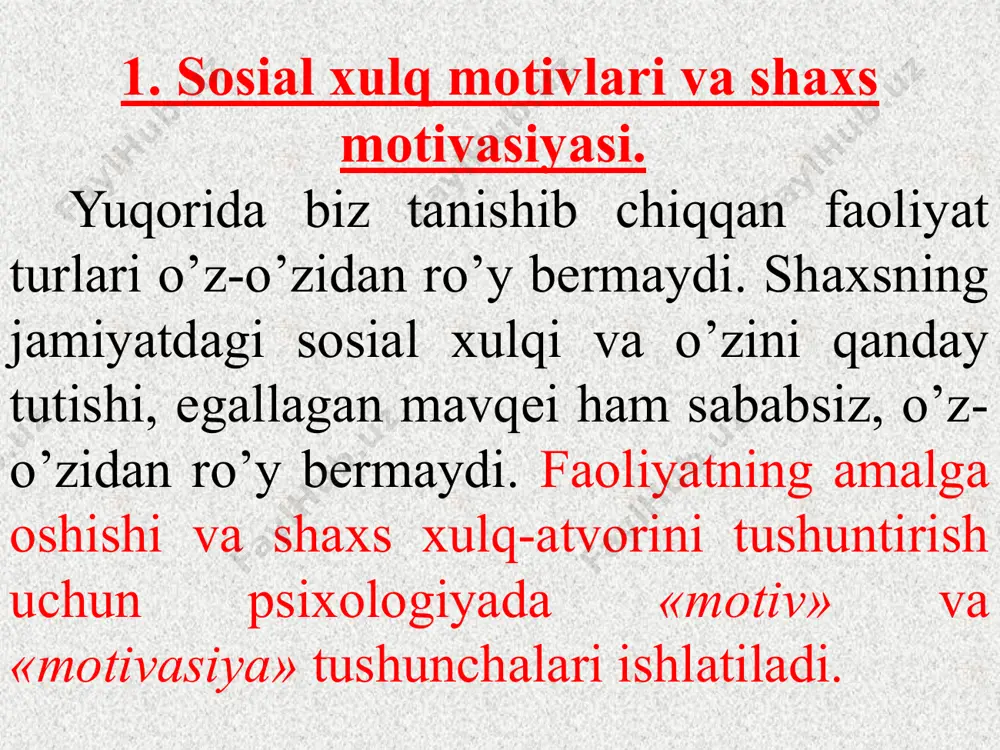 labalarda shu kurs va uning talablariga nisbatan shunday ustanovka shakllanadiki, albatta, bu kurs qiyin, uni olib boruvchi o’qituvchi o’ta talabchan, qattiqqo’l va hokazo degan. bunday motivasiya mana necha avlod talabalari boshdan kechirayotgan holat. endi konkret shaxsning dars jarayoni boshlangandan keyingi harakatlari konkret motivlar bilan izohlanadi va tirishqoq talaba uchun bu fan ham boshqa fanlar qatori tinimsiz izlanish, o’z vaqtida darslarni tayyorlashni talab qilsa, boshqasi uchun (dangasaroq talaba uchun) bu darsdan keyin dars yo’q va u qachon shu semestr tugashini kutib harakat qiladi. har qanday motivlarning orqasida shaxsning ehtiyojlari yotadi. ya’ni, maqsadli hayotda shaxsda avval u yoki bu ehtiyojlar paydo bo’ladi va aynan ularning tabiati va zaruratiga bog’liq tarzda xulq motivlari namoyon bo’ladi. misol uchun qo’lingizda kitob bor. siz hali uni o’qishni boshlamadingiz. lekin o’qish istagi bor, shu istakning ortida esa, o’sha mazmunni bilish va uning tagiga yetish ehtiyoji turadi. rus olimi r. nemov shaxsdagi motivasion sohani quyidagicha tasavvur qiladi. umuman, …