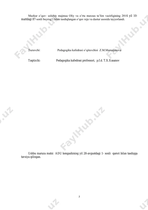 ka fan sifatida va o‘quv faniga muvofiq o‘zining ilk qadamini qo‘ymoqda. ijtimoiy pedagog yaqin o‘n yillik tibbiyot xodimi yoki o‘qituvchi sifatida eng ommaviy kasblardan biriga aylanadi. jahonning boshqa mamlakatlari kabi o‘zbekiston respublikasida ijtimoiy pedagog juda qadimiy va chuqur an’analarga ega bo‘lib, hozirgi kunda esa maxsus fan sohasi sifatida ijtimoiy pedagogika ayrim qiyinchiliklarga duch kelmoqda. bu qiyinchiliklar qatorida ba’zi bir an’analarning, urf-odatlar, mehr-oqibat, hayriya ishlarining sobiq ittifoq davrida yo‘qolib borishi, “hamma umumiy manfaat uchun” harakat qilib alohida insonga bo‘lgan munosabatning susayishini aytib o‘tish mumkin. ijtimoiy pedagogika fani bo‘yicha mazkur o’quv-uslubiy majmua mamlakatimizda ta’lim va kadrlar tayyorlash sohasidagi davlat siyosati tamoyillari asosida, o‘zbekiston respublikasi “ta’lim standart”lariga muvofiq ishlab chiqilgan. ushbu maruza matni ijtimoiy pedagogikani fan sifatida va bugungi amaliyot ehtiyojlarining rivojlanishi zamonaviy darajasida bayon etilgan hamda talabada ijtimoiy pedagogika haqida gumanitar bilimlar, uning ob’ekti, tadqiqot predmeti va asosiy mezonlari to‘g‘risida nazariy tasavvurni shakllantirish, bolalarni ijtimoiylashtirishning omillari va qonuniyatlari, ijtimoiy pedagogik faoliyatning xususiyatlari …