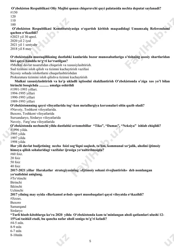 qilindi? #2016-yil 21-oktabr. 2015-yil 20-sentabr 2014-yil 5-mart 2017-yil 5-mart qachon “o’zdaewoo» avto negizida «general motors» korporatsiyasi bilan hamkorlikda «gm o’zbekiston» qо‘shma korxonasi tashkil etildi. #2007 yilda 2010 yilda 2015 yilda 2000 yilda tadbirkorlikning shakllarini belgilang……? #xususiy (shaxsiy) tadbirkorlik. yollanma mehnatni jalb qilib amalga oshiriladigan tadbirkorlik; bir necha fuqarolar va yuridik shaxslar tomonidan amalga oshiriladigan jamoa yoki qо‘shma tadbirkorlik: davlat mulkiga egalik qilish о‘zbekiston oliy kengashi «о‘zbekistonning davlat ramzlari tо‘g‘risida» maxsus qarorni qachon qabul qildi. #1991 yil 15 fevralda. 1990 yil 20 fevralda 1989 yil 15 fevralda 1995 yil 15 fevralda o’zbekistonda hokimiyat bo‘linishining eng demokratik, eng xalqchil shakllari qanaqa? #qonunchilik, ijro va sud hokimiyati. qonunchilik va sud hokimiyati sud hokimiyati ijro hokimiyati janubiy koreya respublikasi bilan o`zbekiston o`rtasida tuzilgan bitim asosida “uzdaewoo avto” qo`shma korxonasi tashkil etildi va ... shahrida yengil avtomashinalar ishlab chiqarishga kirishildi #asaka samarqand toshkent andijon quyidagilarning qaysi biri siyosiy partiyalarning huquqiga kiradi? #о‘z faoliyati tо‘g‘risidagi axborotni …