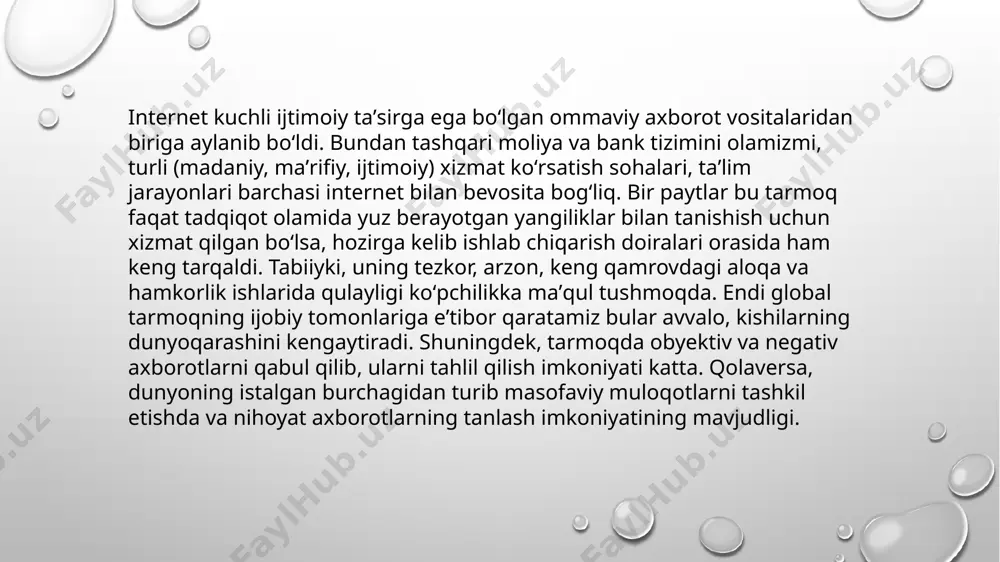 aysidir ijtimoiy tarmoq foydalanuvchisi hisoblanadi xulosa !!! yuqorida keltirilgan maʼlumotlardan xulosa oʻrnida aytish mumkinki, kasallikni davolagandan koʻra uni oldini olgan yaxshi. yoshlarda milliy ong va tafakkurni, yuksak maʼnaviy fazilatlarni shakllantirib, ularni milliy urf-odatlar, mentalitetimizga xos axloqiy normalar orqali tarbiyalasak, koʻzlagan maqsadga erishgan boʻlamiz. zero yurt kelajagi yoshlar qoʻlida. eʼtiboringiz uchun rahmat !!! image2.png image3.png image4.jpeg image5.jpeg image1.png /docprops/thumbnail.jpeg