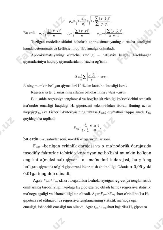 ta’sirida kriteriyaning bo’lishi mumkin bo’lgan eng katta(maksimal) qiymati. α –ma’nodorlik darajasi, bu y teng bo’lgan qiymatda to’g’ri gipotezani inkor etish ehtimolligi. odatda α 0,05 yoki 0,01ga teng deb olinadi. agar shart bajarilsa baholanayotgan regressiya tenglamasida omillarning tasodifiyligi haqidagi h0 gipoteza rad etiladi hamda regressiya statistik ma’noga egaligi va ishonchliligi tan olinadi. agar shart o’rinli bo’lsa h0 gipoteza rad etilmaydi va regressiya tenglamasining statistik ma’noga ega emasligi, ishonchli emasligi tan olinadi. agar shart bajarilsa h0 gipoteza rad etiladi, ya’ni a, b va rxy noldan tasodifiy farq qilmaydi va ular x omilning tizimli ta’sirida yuzaga kelgan. agar shart o’rinli bo’lsa, u holda h0 gipoteza rad etilmaydi va a, b va rxy lar tasodifiyligi tan olinadi. har bir parametr shonch oralig’ini hisoblash uchun bo’lishi mumkin bo’lgan hatolik –δ aniqlaniladi. ishonch oraliqlarini aniqlash formulalari quyidagicha: agar ishonch oralig’i chegarasiga nol tushib qolsa, ya’ni quyi chegarasi manfiy yuqori chegarasi musbat bo’ladigan bo’lsa, baholanayotgan parametr nol …
