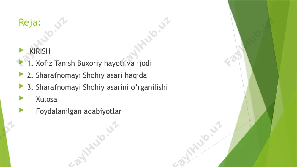 ish ulamo jumlasidandir. maleho samarqandiyning ma'lumoticha hofiz tanishbuxoriyni 1589 - yil xotini tomonidan zaharlab o'ldirilgan. u mahdumiy hasanhojaning tazkirasida tilga olinadi. yugorida zikr etilgan hofizining og a-inilari uningvafotidan keyin xotini qandaydir jinoyat qilganlikda ayblab unga da vogar bo'lganlarva oliy farmonga ko'ra uning buxoro minorasidan tashlab yuborilishiga erishganlar,degan mish-mishlar bor" deb yozgan. lekin uning abdullaxon vafoti (1006/1598)dan so'ng ashtarxoniylar sulolasidan bo'lgan imomgulixon (1611 -1642) sarovidayashaganligi va unga atab 7200 misradan ortiq she'r yozganligi ham ma'lum. l.a.zimin ning tarjimasi esa uminyakovning bso'zlariga garaganda, 1918 - yilitoshkentda chop etilgan. lekin olimlaring tezlikda o'zbekistonga kelishi natijasidabu ish to'xtab goldi., 1924 - yil bartold ziminning tarjimasini matrealllarini toplab,nashr qilish kerakliginin aytadi. sodiq mirzaev, m.a.salohiddinovalar asarningtortdan bir gismini rus va o'zbek tillariga tarjima qilganlar. xulosa: asarda "sharafnomayi shohiy" muallifning rejasiga ko'ra asar muqaddima, ikki qism yoki maqola va xotimadan iborat qilib yozishni xohlagan. muqaddimada allohning madhu va hamdu sanosi, homiy, hukumdor abdullaxoning shaniga aytiladigan tavsiflar, abdullaxonning …