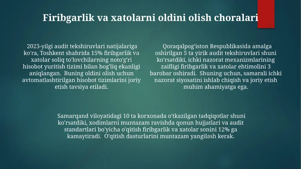 ini pasaytirganini va 5 million so'm miqdorida yo'qotishlarga olib kelganini ko'rsatdi. tekshiruvdan o'tish yo'llari toshkent shahridagi katta korxonalarning 80% da amalga oshirilgan audit tekshiruvlari natijasida, soliq to'lovlaridagi noqonuniy harakatlar va firibgarlik holatlari aniqlangan bo'lib, bu 10 million dollar miqdorida zarar yetkazdi. samarqand viloyatida joylashgan 3 ta qishloq xo'jaligi korxonasida o'tkazilgan tekshiruvlar natijasida, inventarizatsiya jarayonlaridagi noaniqliklar tufayli 2 million so'm miqdorida yo'qotishlar aniqlandi. 2022-yilda o'zbekiston respublikasining 5 ta yirik bankida o'tkazilgan tekshiruvlar natijalariga ko'ra, moliyaviy hisobotlardagi xatolar miqdori o'rtacha 3% ni tashkil etdi, bu esa milliy valyutada 15 milliard so'm zarar keltirdi. e'tiboringiz uchun rahmat @taqdimot_robot image1.png image2.png image3.png image4.png image5.png image6.png image7.png image8.png image9.png image10.png