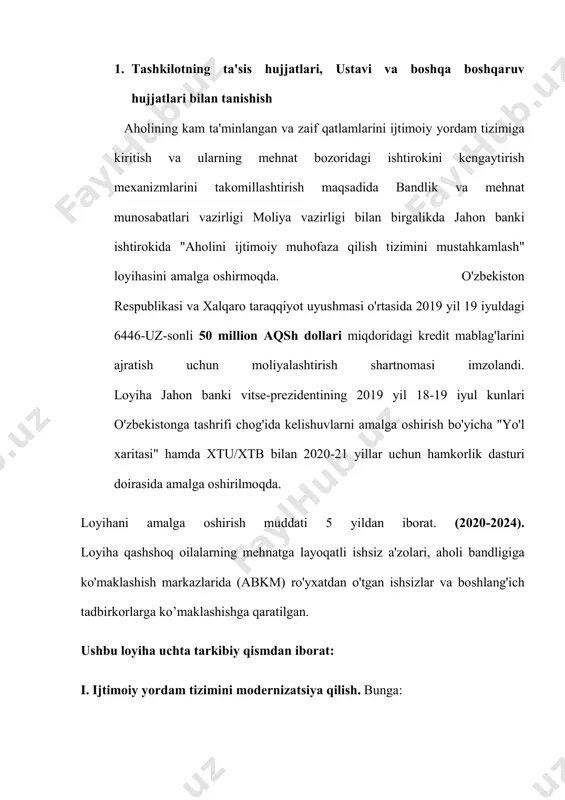 amarali vositalarini ishlab chiqish, abkm xodimlari uchun muntazam treninglar. iii. loyihani monitoring qilish va boshqarish, shu jumladan: a) mehnat bozoridagi aralashuvlar monitoringini kuchaytirish, mavjud dasturlarning ta'sirini baholashda mehnat vazirligi qoshidagi respublika ilmiy markazining salohiyatini oshirish, malakali kadrlarga bo'lgan talabni o'rganish, mehnat organlarining ish jarayonlarini baholash, dasturlarning benefitsiarlari o’rganishga qaratilgan chora-tadbirlar; b) loyihaning barcha uchta komponentlarining monitoringini o’tkazish va boshqarish bo’yicha tadbirlar. aholini ijtimoiy himoya qilish tizimini yanada takomillashyirish hamda sohaga zamonaviy axborot-kommunikatsiya texnalogiyalarini keng joriy etishchora-tadbirlari . o‘zbekiston respublikasi prezidentining “aholiga davlat ijtimoiy xizmatlari va yordam taqdim etish tartib-taomillarini avtomatlashtirish bo‘yicha qo‘shimcha chora-tadbirlar to‘g‘risida” 2020-yil 4-avgustdagi pq-4797-son qarori ijrosini ta’minlash, shuningdek aholini ijtimoiy himoya qilish tizimini yanada takomillashtirish hamda sohaga zamonaviy axborot-kommunikatsiya texnologiyalarini keng joriy etish maqsadida vazirlar mahkamasi qaror qiladi: 1. (1-band o‘zbekiston respublikasi vazirlar mahkamasining 2021-yil 21- oktabrdagi 654-sonli qaroriga asosan o‘z kuchini yo‘qotgan — qonunchilik ma’lumotlari milliy bazasi, 21.10.2021-y., 09/21/654/0981-son) 2. o‘zbekiston respublikasi mahalla va oilani qo‘llab-quvvatlash …