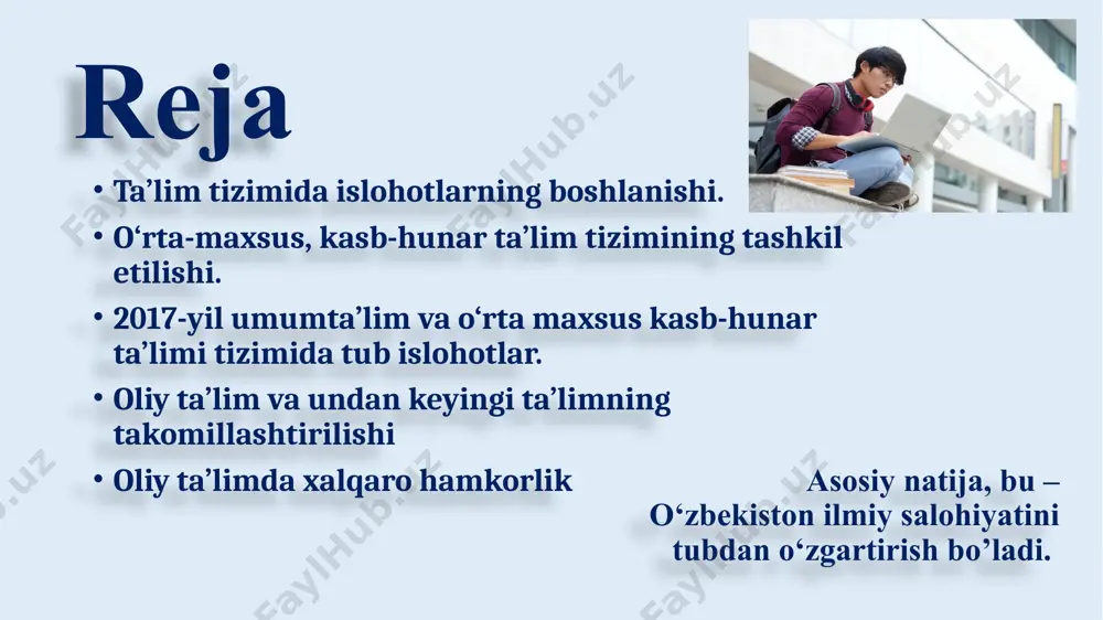 liy dastur keng miqyosda joriy etildi. iii bosqich – 2005-yildan bugungi kungacha. bu bosqichda kadrlar tayyorlash milliy dasturi natijasida erishilgan natijalar, to‘plangan tajribalar umumlashtirilib, shu asosda yurtimizda ta’lim tizimi takomillashtirilib borildi. 2009-yildan boshlab, yurtimizda to‘liq 12 yillik majburiy ta’lim joriy etildi. o’zbekiston respublikasida ta’lim turlari o‘rta maxsus kasb hunar ta’limi umumiy o’rta ta’lim kadrlarni qayta tayyorlash va malakasini oshirish oliy ta’limdan keying ta’lim maktabgacha ta’lim «ta’lim to‘g‘risida»gi qonun asosidagi ta’lim shakllari oliy ta’lim maktabdan tashqari ta’lim prezidentning 2004-yildagi farmoni asosida 2004–2009-yillarda maktab ta’limini rivojlantirish davlat umummilliy dasturi qabul qilindi. dastur doirasida yangi maktablar qurildi, boshqalari kapital ta’mirlandi; aniq va tabiiy fanlardan o‘quv laboratoriyalar zarur uskunalar bilan jihozlandi respublikada 10 mingga yaqin maktablar ishlab turibdi. ularning moddiy-texnika ta’minoti ham davlat hisobidan amalga oshiriladi. 1998-2016 yillarda o’zbekistonda bunyod etilgan o‘rta maxsus, kasb-hunar ta’limi muassasalari kadrlar tayyorlash milliy dasturi 1-bosqichi (1997–2001) doirasida amalga oshirildi. shu davr mobaynida 300 ga yaqin yangi turdagi ta’lim …