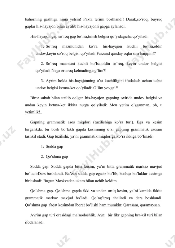 rkin zamondir bu zamon. undalma boshqa gap bilan faqat mazmunan bog’langan bo’aladi. undalma ko’pincha bosh kelishikdagi ot bilan ifodalanganligi uchu egaga o’xshab ketadi, chunki u ishtirok etgan gapda ko’pincha ega tushiriladi. biroq ega kesim bilan shaxs va son (birlik va ko’plik) da bog’langan bo’ladi, undalma esa bog’lanmaydi. karimjon (ega, iii shaxs, birlik) ertaga keladimi (kesim, iii shaxs, birlik)? karimjon (undalma, iii shaxs, birlik), ertaga kelasizmi (ii shaxs, ko’plikda) ? ayrim holda, ayniqsa, she’riy asarda hayvon, qush, josiz narsalarning nomini bildirgan so’z ham undalma bo’ladi. quyosh, nuriy to’kaver mo’l-ko’l. bir so’z bilan ifodalangan undalma, yig’iq undalma, so’z birikmasi bilan ifodalangan undalma yoyiq undalma deyiladi. undashni kuchli ifodalash uchun undalmadan oldin e, ey, hoy, obbo kabi undovlar ham qo’llanadi, ular vergul bilan ajratiladi. ey, usta parfi, keling, bormisiz. undalma ot, olmosh, otlashgan sifat, otlashgan son, so’z bikmasi, ibora bilan ifodalanadi. undalma gapning boshida kelsa, undalmadan so’ng, gap o’rtasida kelsa, ikki tomoniga, gapning …