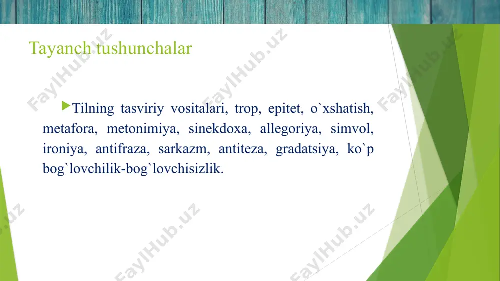 tiladi: pushka-qurol, bedana-qush, sazanbaliq kabi. 6. a l l e g o r i y a (gr. piching, kinoya) – mavhum tushunchalarni aniq narsa bilan almashtirish yoki mavhum tushunchani o'ziga xos, hayotiy tasvir yordamida allegorik tasvirlashdan iborat: ko`rpangga qarab oyoq uzat. adabiyotda allegoriyalar o'rta asrlarda paydo bo'lib, ularning kelib chiqishi qadimgi urf-odatlar, madaniy an'analar va folklor tufaylidir. allegoriyalarning asosiy manbai hayvon ertaklari bo'lib, ularda tulki - ayyorlik, bo'ri - yovuzlik va ochko'zlik, qo'chqor - ahmoqlik, sher - kuch, ilon - donolik va hokazo. qadim zamonlardan to bizning davrimizga qadar allegoriyalar ko'pincha ertak, masal va boshqa hajviy va satirik asarlarda qo'llaniladi. 7. s i m v o l – hayotiy voqea, tushuncha va narsalar ifodasi uchun shartli ravishda ko`chma ma’noda ishlatiladigan so`z: tong – yoshlik, tun – baxtsizlik, qora – motam. 8. i r o n i y a (gr. kesatiq) – biror shaxs yoki uning qilig`i, hodisa ustidan kulish: kam …