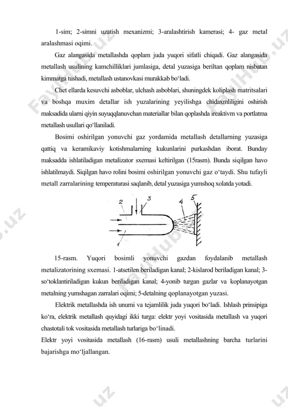n. yuqori chastotali tok bilan ishlaydigan metalizatorning sxemasi keltirilgan (17-rasm). sim yuqori chastotali uyurma toklar konsentratori bor metallizatorda suyuqqlantiriladi. uyurma tok konsentratori magnitaviy maydonni simning metalizator purkash golovkasidan chiqish joyig‘a eng kо‘p tuplash uchun mо‘ljallangan. yuqori chastotali tok vositasida metallashda lampaviy lz37, gz 46, lgpz 30, az 46, aglz 60, lg 60 generatorlaridan foydalaniladi. yeyilgan detallarning ishlash imkoniyatini metallash yо‘li bilan tiklashning texnologik jarayoni ketma-ket о‘tkaziladigan uchta asosiy bosqichdan iborat. · detal yuzasini metallashga tayyorlash. · detalning tayyorlangan yuzasini metallash detalning metallangan yuzasiga ishlov berish foydalanilgan adabiyotlar: 1. s.m.qodirov, o.v.lebedev, a.m.xakimov «mashina detallarini tiklash texnologiyasi» toshkent-2001 y. 284 bet. 2. s.m.babusenko « traktor va avtomobillar remonti» toshkent-«о‘qituvchi» 1990 y. 366 bet. 3. j.r.qulmuxamedov, e.karimov, h.h.muxamedov, a.a.oxunov, t.a.toshkentov «avtomobil va dvigatellarni ta’mirlash» toshkent-«fan»-2003 y. 536 bet. 4. y.i.borisevskix, y.v.buralev, k.a.morozov, v.m.nikiforov, a.i.fetsenko «avtomobillarning tuzilishi, texnik xizmat kо‘rsatish va ta’mirlash» toshkent-«mehnat»-2001 y. 574 bet. 5. s.i.rumyansev «remont avtomobiley» moskva «transport» 1981 g. …