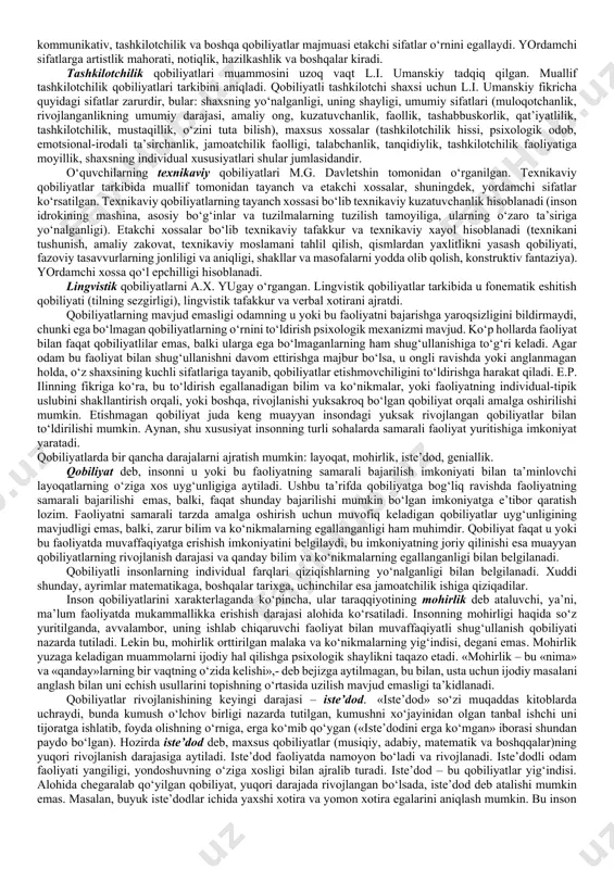 xususiyatlari namoyon bo‘lishi mumkin. xuddi shunday, eshitish idrokining muayyan xarakteristikalari musiqiy qobiliyatlarning rivojlanishi uchun asos sifatida yuzaga kelishi mumkin. intellektual qobiliyatlarning nishonalari esa, avvalambor, miyaning u yoki bu darajadagi qo‘zg‘aluvchanligida, asab jarayonlarining harakatchanligida, vaqtincha aloqalarning hosil bo‘lish tezligida, ya’ni, i.p. pavlov genotip – asab tizimining tug‘ma xususiyatlari deb atagan miya faoliyatining shular kabi vazifalarida namoyon bo‘ladi. miya, his-tuyg‘u organlari, harakat (tug‘ma nishonalar) tuzilishining tug‘ma anatomik-fiziologik xususiyatlari odamlar o‘rtasidagi individual farqlarning tabiiy asosini belgilab beradi. ko‘pchilik psixologlarning fikricha, nishonalar – bu asab tizimining irsiyat tomonidan belgilangan (tug‘ma) anatomik-fiziologik xususiyatlari. lekin olimlarning ayrimlari, masalan, r.s. nemov, odamda ikki xil nishonalarning: tug‘ma (tabiiy) va orttirilgan (ijtimoiy) turlari mavjudligini faraz qiladilar. nishonalarning rivojlanishi – bu tarbiya sharoitlari va jamiyat rivojlanishining xususiyatlari bilan bog‘liq bo‘lgan ijtimoiy shartlangan jarayon. jamiyatda u yoki bu kasbga ehtiyoj tug‘ilgan sharoitda nishonalar rivojlanadi va qobiliyatlarga aylanadi; nishonalar rivojlanishining ikkinchi muhim omili tarbiyalash xususiyatlari hisoblanadi. nishonalar maxsus bo‘lmaydi. odamda muayyan turdagi …