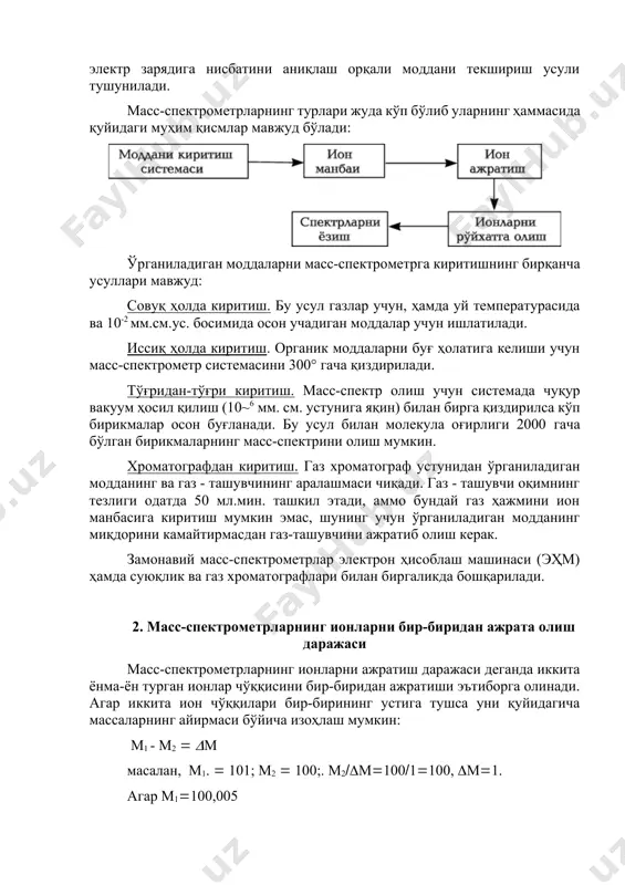 с-спектрометр - электр ва магнит майдонларининг вакуумда учаётган ионлар дастасига кўрсатадиган таъсирига асосланган бўлиб, модданинг ионлаштирилган зарраларини массалари бўйича ажратувчи асбоб ҳисобланади. macс-спектроскопия услуби деганда, ионлар массасининг электр зарядига нисбатини аниқлаш орқали моддани текшириш усули тушунилади. масс-спектрометрларнинг турлари жуда кўп бўлиб уларнинг ҳаммасида қуйидаги муҳим қисмлар мавжуд бўлади: ўрганиладиган моддаларни масс-спектрометрга киритишнинг бирқанча усуллари мавжуд: совуқ ҳолда киритиш. бу усул газлар учун, ҳамда уй температурасида ва 10-2 мм.см.ус. босимида осон учадиган моддалар учун ишлатилади. иссиқ ҳолда киритиш. органик моддаларни буғ ҳолатига келиши учун масс-спектрометр системасини 300° гача қиздирилади. тўғридан-тўғри киритиш. масс-спектр олиш учун системада чуқур вакуум ҳосил қилиш (10~6 мм. см. устунига яқин) билан бирга қиздирилса кўп бирикмалар осон буғланади. бу усул билан молекула оғирлиги 2000 гача бўлган бирикмаларнинг масс-спектрини олиш мумкин. хроматографдан киритиш. газ хроматограф устунидан ўрганиладиган модданинг ва газ - ташувчининг аралашмаси чиқади. газ - ташувчи оқимнинг тезлиги одатда 50 мл.мин. ташкил этади, аммо бундай газ ҳажмини ион …