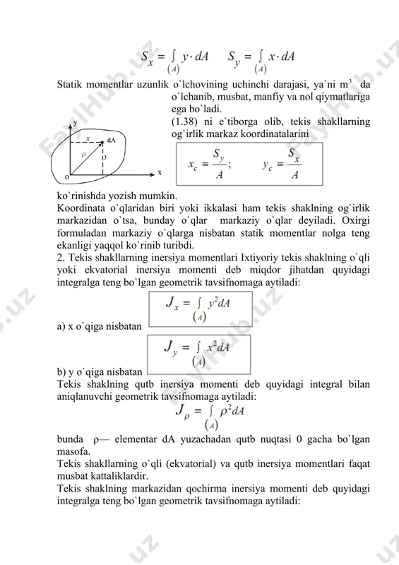 bo`lgan cheksiz yupqa doira ajratib olamiz (1.42-shakl). u holda (1.42) formulaga ko`ra bo`ladi. (1.44) formuladan foydalanib, doiraning ekvatorial inersiya momentlarini aniqlaymiz. doira ox va oy o`qlarga nisbatan simmetrik shakl bo`lganligi uchun uning ekvatorial inersiya momentlari o`zaro teng bo`ladi: 5. halqa. 1.43-shaklda tasvirlangan halqa uchun inersiya momenti tashqi va ichki doiralar qutb inersiya momentlarining ayirmasiga teng bo`ladi: bu yerda halqaning ekvatorial inersiya momentlari quyidagicha topiladi: izoh: 1.murakkab tekis shakllarning inersiya momentlarini hisoblash maqsadida, albatta uni inersiya momentlari oldindan ma`lum bo`lgan bir necha oddiy tekis shakllarga, masalan, to`g`ri to`rtburchak, uchburchak, doira va shu kabi shakllarga ajratish zarur. 2. metall konstruksiya qismlarining qo`shtavr, shveller hamda teng yonli yoki teng yonli bo`lmagan burchakliklar ko`rinishidagi ko`ndalang kesimlari standart o`lchamli bo`lib, ular maxsus «sortament» jadvallarida beriladi. sortament jadvallarida ko`ndalang kesim o`lchamlaridan tashqari, ularning yuzalari, og`irlik markazining koordinatalari, markaziy o`qlarga nisbatan inersiya momentlari kabi muhim ma`lumotlar beriladi.