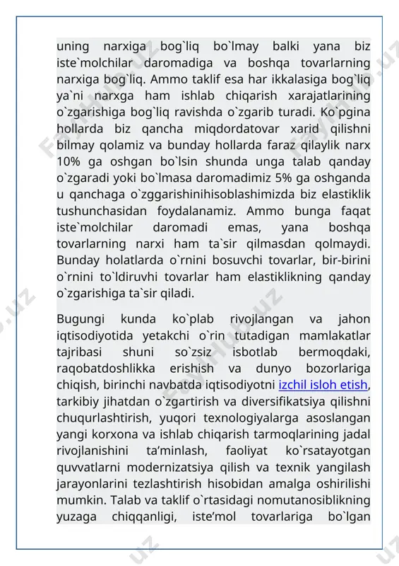 iagrammasini qarashdan boshlaymiz (1.1-rasm). ordinata o’qi bo’yicha bir birlik mahsulotning narxi ko’rsatilgan (so’mda). abtsissa o’qi bo’yicha berilgan vaqt oralig’ida talab qilingan va taklif qilingan mahsulot hajmi ko’rsatilgan. taklif chizig’i (supply) qancha miqdorda va qanaqa ishlab chiqarish narxida tovarning bozorda sotilishi mumkinligini ko’rsatadi. taklif chizig’i qancha yuqoriga ko’tarilsa, shuncha narx yuqori bo’ladi va shunga ko’p firmalar mahsulot ishlab chiqarib, sotish imkoniyatiga ega bo’ladilar. yuqori narx, mavjud firmalarni ishlab chiqarishni kengaytirishga da’vat etadi, bozorga yangi firmalarni o’z mahsuloti bilan kirib kelishini ta’minlaydi, ular ishlab chiqargan yuqori xarajatli rentabel bo’lmagan mahsulotlari yuqori narxda rentabel bo’ladi. bunday holda, firmalarda ishlab chiqarishning kengayishi qisqa vaqt oralig’ida intensiv bo’lsa, uzoq muddatda esa ekstensiv amalga oshiriladi. talab chizig’i (demand) iste’molchilarning berilgan narxlarda qancha miqdorda mahsulot sotib olish mumkinligini bildiradi. talab chizig’ining pastga ketishi, iste’molchilarning narx qancha past bo’lsa, ular shuncha ko’p mahsulot sotib olishini anglatadi. past narxlar, xaridorlarga yanada ko’proq miqdorda tovarlar sotib olishiga hamda ilgari sotib …