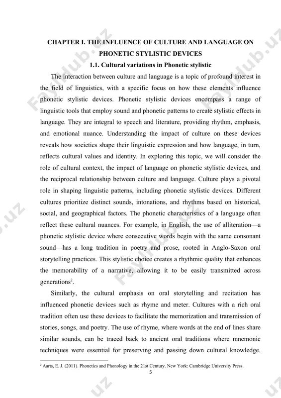 values and identity. in exploring this topic, we will consider the role of cultural context, the impact of language on phonetic stylistic devices, and the reciprocal relationship between culture and language. culture plays a pivotal role in shaping linguistic patterns, including phonetic stylistic devices. different cultures prioritize distinct sounds, intonations, and rhythms based on historical, social, and geographical factors. the phonetic characteristics of a language often reflect these cultural nuances. for example, in english, the use of alliteration—a phonetic stylistic device where consecutive words begin with the same consonant sound—has a long tradition in poetry and prose, rooted in anglo-saxon oral storytelling practices. this stylistic choice creates a rhythmic quality that enhances the memorability of a narrative, allowing it to be easily transmitted across generations[footnoteref:2]. [2: aarts, e. j. (2011). phonetics and phonology in the 21st century. new york: cambridge university press.] similarly, the cultural emphasis on oral storytelling and …