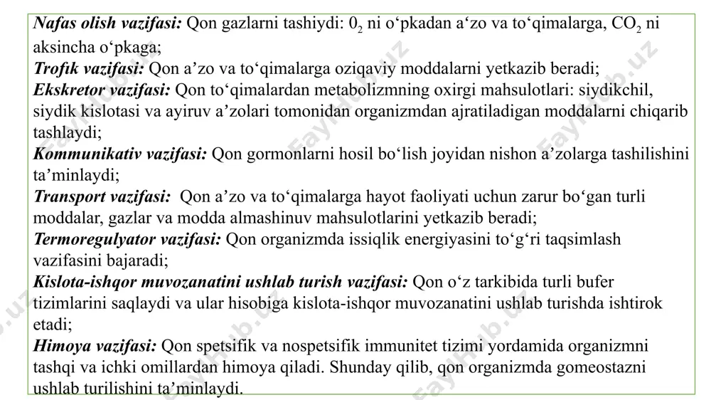 agi kolloid-osmotik bosim doimiyligini ushlab turadi. kislota-ishqor tarkibining boshqaruv holatida ishtirok etadi; kalsiy, magniy, temir, mis va boshqa ionlar kationlarini tashiydi va bog‘langan holatda ushlab turadi, ularni peshob bilan chiqib ketishiga qarshilik qiladi; uglevodlar, lipidlar, gormonlar, dori moddalari, vitaminlar, zaharli moddalarni bog‘lab oladi va tashiydi; qonning qovushqoqligini belgilab beradi va qon oqimida eritrotsitlar hamda leykotsitlarning turg‘unligini saqlaydi, kapillyarlarda meʼyordagi qon oqimini taʼminlaydi (qonning reologik xususiyatlari); maxsus oqsillar qon ivishida ishtirok etadi (fibrinogen, protrombin, antigemofil globulin va boshqalar); organizmning immun himoyasini taʼminlaydi (immunoglobulinlar, komplementning tizim omillari, transferrin va properdin); aminokislotalar zaxirasi bo‘lib hisoblanadi. qon plazmasidagi oqsillar tuzilmasi. qon plazmasidagi oqsillar tuzilmasiga ko‘ra globulyar bo‘lib hisoblanadi, tarkibiga ko‘ra esa oddiy va murakkab turlarga bo‘linadi. albuminlar oddiy oqsillardir. murakkab oqsillarga esa lipoproteinlar (xm, zjplp, ozlp, zplp, zyulp), glikoproteinlar hamda metalloproteinlarni (transferrin, seruloplazmin) kiradi. plazma oqsillarining funksiyalari oqsillar plazmadagi konsentrayisi g/m asosiy funksiyalari albuminlar 35-40 onkotik bosim, ca, yogʻ kislotalari va boshqa lipofil moddalarni …