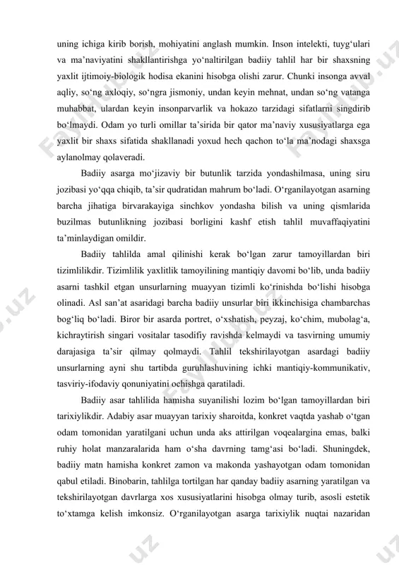 ichki mantiqiy-kommunikativ, tasviriy-ifodaviy qonuniyatini ochishga qaratiladi. badiiy asar tahlilida hamisha suyanilishi lozim bo‘lgan tamoyillardan biri tarixiylikdir. adabiy asar muayyan tarixiy sharoitda, konkret vaqtda yashab o‘tgan odam tomonidan yaratilgani uchun unda aks attirilgan voqealargina emas, balki ruhiy holat manzaralarida ham o‘sha davrning tamg‘asi bo‘ladi. shuningdek, badiiy matn hamisha konkret zamon va makonda yashayotgan odam tomonidan qabul etiladi. binobarin, tahlilga tortilgan har qanday badiiy asarning yaratilgan va tekshirilayotgan davrlarga xos xususiyatlarini hisobga olmay turib, asosli estetik to‘xtamga kelish imkonsiz. o‘rganilayotgan asarga tarixiylik nuqtai nazaridan yondashilmasa, qahramonlar ruhiy holatini ham, ularni biror xatti-harakatga undagan sabablarni ham tushunmaslik mumkin. tarixiylik tamoyiliga tayanish, ayniqsa, zamonaviy asarlarni tekshirishda alohida ahamiyat kasb etadi. chunki agar mumtoz adabiyotning asl namunalari boshdanoq sof san’at asari tarzida yaratilib, o‘tmish san’atkorlar uchun badiiy shakl ustuvor maqomda turgan bo‘lsa, zamonaviy ijodkorlar uchun o‘zgacha holat xosdir. olamni estetik idrok etishda global tasvir yo‘nalishida ketayotgan zamonaviy o‘zbek adiblari tomonidan yaratilgan deyarli barcha asarlar biror …