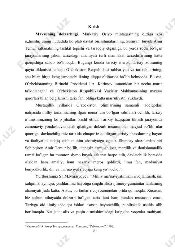 ilmiy-ommabop adabiyotlar yaratildiki, bu ularni tarixshunoslik nuqtai nazaridan tizimlashtirish, ilmiy tahlil etish, yutuq va kamchiliklarini aniqlash zarurligini ko’rsatadi. bu esa zamonaviy tarix fani uchun dolzarb hisoblandi. mavzuning maqsad va vazifasi amir temur hukumronligining boshlanishi va temuriylar saltanatining bunyod etilishi, saltanatning markazlashuvini ilmiy tahlil qilish asosiy maqsadi. shunga ko’ra, ishda quyidagi vazifalar amalga oshiriladi: – amir temurning hukumronligi boshlanish davrini o’rganish; – amir temurning markazlashgan davlat tuzishdagi say-harakatlarini tahlil qilish; – temuriylar sulolasida boshqaruv tartiblarini joriy etilishini o’rganish; – amir temurning qo’shinining tuzilishi, harbiy islohotlarini tahlil qilish; – temuriylar davlatining markazlashuvida olib borgan islohotlari mavzuning vazifalari etib bergilandi. mavzuning ob’ekti va predmeti temuriylar davlatining markazlashuvi mavzuning ob’ektidir. predmeti amir temur davrida saltanatni markazlashuvi uchun olib borgan islohotlarni bayon etish. kurs ishining hajmi kirish, ikkita bob, to’rtta paragraf, xulosa va foydalanilgan adabiyotlardan iborat. [1: каримов и.а. амир темур ҳақида суз. тошкент, “узбекистон”, 1996.] [2: mirziyoyev sh.m. yangi o‘zbekiston strategiyasi. – toshkent: “o‘zbekiston” …