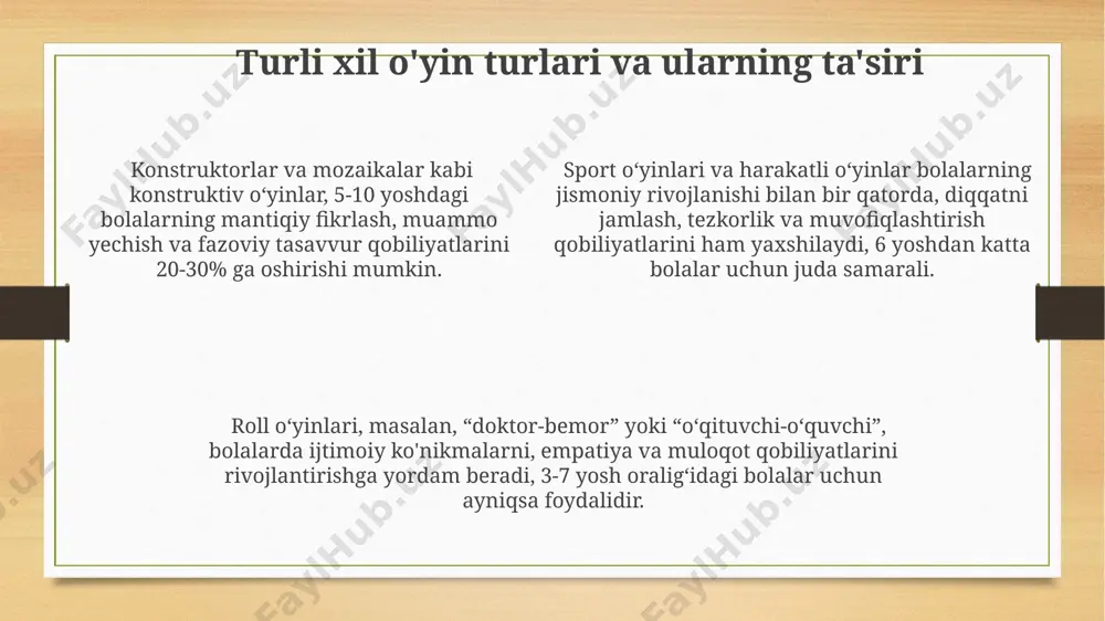 i vaziyatlar o'yin jarayonida simulyatsiya qilinadi va hal etiladi, bu esa bolaning fikrlash tezligini oshiradi. o'yin bolaning ijodiy qobiliyatini rivojlantirishda, tasavvur va fantaziyasini boyitishda muhim ahamiyatga ega. 5 yoshgacha bo'lgan bolalarning 90% dan ortig'i o'yin orqali yangi g'oyalarni kashf etadi va yangi narsalarni o'rganadi. bolaning ijtimoiy-emotsional rivojlanishiga o'yin katta ta'sir ko'rsatadi, 70% gacha bo'lgan ijtimoiy ko'nikmalarni o'rganish o'yin orqali amalga oshiriladi, bu esa tengdoshlar bilan munosabatlarni o'rnatish va muloqot qilish qobiliyatini rivojlantiradi. o'yin orqali ta'lim va tarbiya muammo yechish ko'nikmalarini rivojlantirishda, o'yinlar 60% gacha muvaffaqiyatga olib kelishi mumkin, bu esa bolaning mantiqiy fikrlash qobiliyatini oshiradi va kreativ fikrlashni rag'batlantiradi. o'yin orqali bolaning kognitiv rivojlanishi 7 yoshgacha bo'lgan davrda eng samarali bo'lib, miya hujayralari o'rtasidagi ulanishlar sonini 2 barobar ko'paytiradi. ijtimoiy-emotsional rivojlanishda, o'yinlar orqali bolalar 3-5 yosh oralig'ida o'zaro munosabatlarni o'rganib, empatiya va hamkorlik kabi muhim ko'nikmalarni rivojlantiradilar. o'z-o'zini anglash va o'ziga ishonchni oshirish muvaffaqiyatli oʻyin tajribalari 80% gacha bolaning oʻziga …