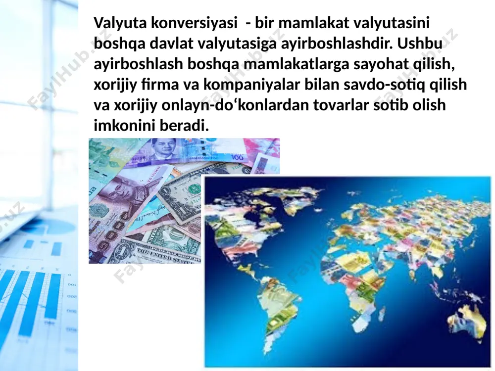 an qiymati quyidagicha bo‘lgan: (9520,34 usd/uzs) / (6,97 usd/hrk) = 1365,90 hrk/uzs valyuta kodi – bu dunyodagi valyutalar uchun umumiy qabul qilingan belgi bo‘lib, u uchta harfdan iborat bo‘ladi. bu valyutalarni matnlar va elektron tabloidlarda qisqa va aniq aks ettirishni osonlashtiradi. dunyodagi eng qimmat valyuta: quveyt dinari valyuta kodi - kwd dunyoda eng ko‘p ishlatiladigan valyuta: aqsh dollari valyuta kodi – usd amerikaning jahon bozorida yetakchiligi tufayli uning valyutasi "jahon zaxira valyutasi" unvoniga erishdi. boshqa so‘z bilan aytganda, dunyoning istalgan burchagida aqsh dollarini ishlatsangiz bo‘ladi va uni qabul qilishadi. dunyodagi eng qadimgi va hali ham ishlatiladigan valyuta: funt sterling valyuta kodi – gbp pul sanash foydalari korish qobilyatini yaxshilanishi xotirani yaxshilanishi nutqni ravonlashishi asabiylashishni kamayishi valyuta tizimi — valyuta harakati bilan bogʻliq iqtisodiy va huquqiy munosabatlar majmui. v.t. valyutalar, ulardan foydalanish va oʻzaro almashinuv, toʻlov vositasi sifatida qoʻllanilishi, shuningdek valyutalarni ishlatish bilan bogʻliq pul-kredit munosabatlarining qoida va tadbirlari majmuidan iborat. …