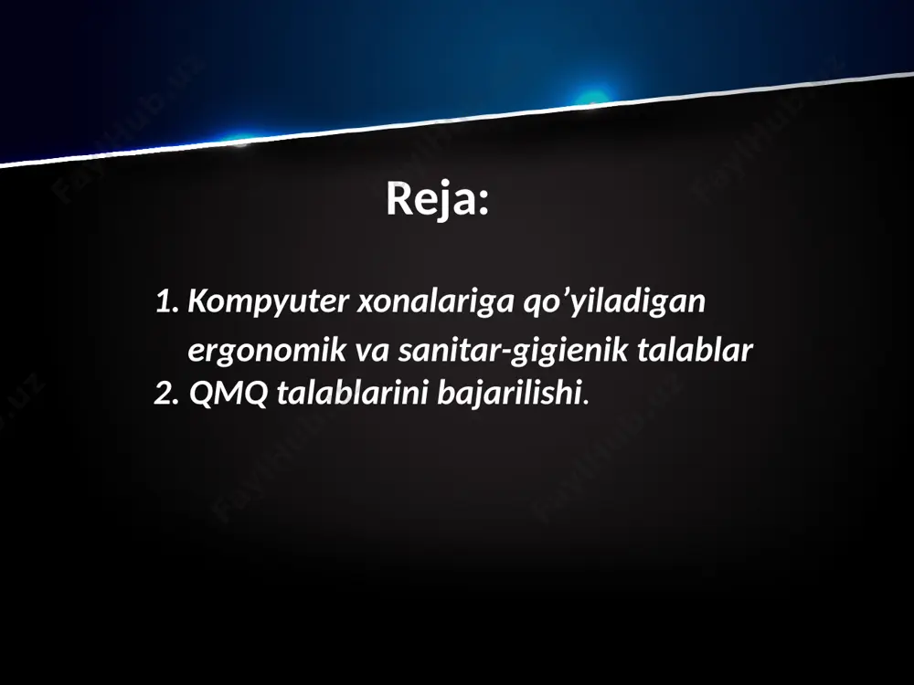 ’yicha professional ergonomist ish joyidagi kompyuter qurilmalarini tekshirib, displey ekranlariga va ish muhitiga ergonomic baxo berishni, kompyuterda ishlaganda xavfsizlikni va sog’liqni muhofazalash bo’yicha chiqqan qonunlar to’g’risida instruktaj berishni, xamda ish beruvchi va ishni tashkil qiluvchilarga o’qish turini va sogliqni saqlash bo’yicha chora tadbirlarni beradi. videodispley terminallariga va xususiy kompyuterlarga quyiladigan asosiy talablar. kompyuterda ish sharoitini me`yoriy bo’lishi uchun kompyuter 2.2.2.542-96 sanitar qoidalarida ko’rsatilgan talablarga to’g’ri kelishi darkor. eng avval vdt o’zida nurlanish va ko’rishning ergonomic parametrlariga baxo berishni kamrab olgan gigienik sertifikatga ega bo’lishi kerak. ushbu parametrlarning ko’rsatkichlariga mos tushmaslik foydalanuvchining kasallanishiga olib kelishi mumkin. asosiy ko’rish ergonomik parametrlariga qo’yiladigan talablar. ma`lumotlarni displeydan ishonchli ravishda uqish va uni qulay idrok etishni asosiy ko’rish ergonomik parametrlari optimal yoki qisqa vaqt ishlaganda esa yo’l qo’yilgan diapazonlarda olib borish kerak. asosiy ko’rish ergonomik parametrlariga quyidagilar: shaklning yorug’ligi, ekranning tashqi yoritilganligi, belgining burchak o’lchami, ekranni kuzatish burchagi kiradi. ko’rsatilgan parametrlar va ularning birikmalari qiymatlarining …