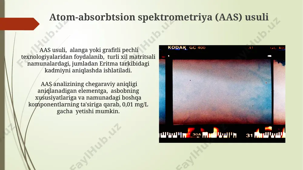 minlaydi. eritma namunalari steril shisha idishlarda saqlanadi va har bir namunaga aniq identifikatsiya raqami, masalan, "eritma-1", "eritma-2" va hokazo, beriladi. har bir idish 50 ml namunani sig'dira oladi. eritma tarkibidagi kadmiyni aniqlashning ahamiyati oziq-ovqat mahsulotlarida kadmiy miqdorini aniqlash, oziq-ovqat xavfsizligi va iste’molchilarning sog‘lig‘ini himoya qilish uchun muhimdir, chunki 0,1 mg/kg dan yuqori konsentratsiyalar sog‘liq uchun xavfli hisoblanadi. eritma tarkibidagi kadmiyni aniqlash, atrof-muhitga potentsial ifloslanish darajasini aniqlash va chiqindi suvlarni tozalash texnologiyalarining samaradorligini baholashda muhim rol o'ynaydi, bu esa 10 µg/l dan pastroq konsentratsiyalarni talab qilishi mumkin. eritma tarkibidagi boshqa elementlarning ta'siri eritmada 10 ppm dan yuqori konsentratsiyada mavjud bo'lgan temir, rux va mis kabi elementlarning spektral chiziqlari kadmiyning aniqlanishiga sezilarli darajada xalaqit berishi mumkin. kalsiy va magniy kabi ishqoriy yer metallari, eritmadagi kadmiyning spektrometrik aniqlanishiga nisbatan 5-10% gacha sistematik xatoliklarni keltirib chiqarishi mumkin. xatolar manbalari va ularni kamaytirish reagentlarning tozaligiga alohida e'tibor berish kerak, chunki 1 ppm dan yuqori darajadagi …