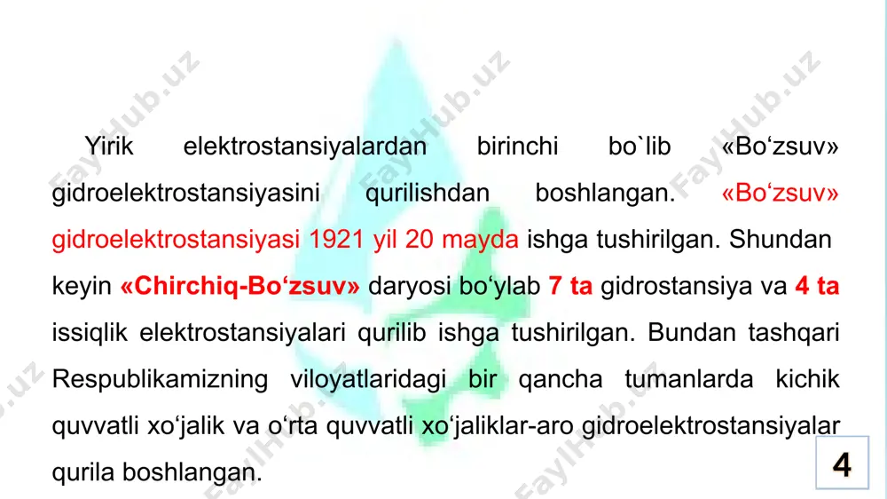 o‘lib har birining quvvatlari 15 dan 300 ming kvt gachani tashkil etadi. 26 elektr ta’minoni o’zbekiston energiya tizimida eng yangi va yirik «talimarjon» ties qurib ishga tushirilgan, uning loyiha quvvati 3200 mvt ni tashkil qiladi, har-bir energoblokining quvvati 800 ming kvt ga teng (hozirda quvvati 1600 mvt li 2 ta energoblok ishga tushgan). 27 elektr ta’minoni «talimarjon» tiesi elektr ta’minoni «talimarjon» tiesi elektr ta’minoni 2. elektr energetikaning hozirgi kuni hozirgi kunda o’zbekistondagi elektr stansiyalarning umumiy o‘rnatilgan quvvati 12,3 mln. kvt. shundan «o’zbekenergo» aksiyadorlik kompaniyasi tassarufida gidroelektrostansiyalarning ulushi 11,5% ni, issiqlik elektrostansiyalarining ulushi 86% ni tashkil etib boshqa korxonalarning ulushi 2,5 % ga teng. 30 elektr ta’minoni o’zbekistonda elektr energiyasi ishlab chiqarilisining o`sish suratlari elektr ta’minoni andijon gidroelektr majmuasi 1980-yilda yer osti yerlarini sug‘orish uchun sig‘imi 1900 million m3 bo‘lgan suv ombori bilan qurilgan. 1985 yilda andijon ges-1 da agregatlar ishga tushirildi. andijon ges-1 quyidagi texnik xususiyatlarga ega: o'rnatilgan quvvat - …