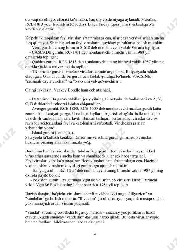 anish usullarini sinflashtirish 1. kompyuter viruslaridan himoyalanish usullarini sinflashtirish. dastlabki nazorat: kelayotgan dasturlarni detektor dasturlari bilan tekshirish. profilaktika: "yozishdan himoyalangan" disketalar bilan ishlash, yozish uchun disketadan foydalanishni minimallashtirish, ilgarigi va amaldagi disketalarni alohida saqlash, dasturlarni vinchesterda arxivlangan holda saqlash. taftish (reviziya): yangi dasturlarni maxsus dasturlar yordamida tekshirish. karantin: har qanday yangi dastur yangi karantin muddatini o'tashi lozim. ular mutaxassislar tomonidan viruslarga tekshirilgan bo'lishi kerak. filtrlashtirish: flusbot plus, macevaccine, antiws2 turdagi dasturlar orqali ehtimoldagi viruslarni tutish. terapiya: (davolash). dasturni dastlabki "sog'lom" holatga keltirish. bu ish har bir fayldan zararli viruslarni "tishlab olib tashlash" usuli bilan amalga oshiriladi. yuqorida aytilganlardan ko'rinib turibdiki, virusdan himoyalanishning bir necha turdagi dasturiy vositalari mavjud: dastur-detektorlar (disketa yoki diskdagi viruslarni "tutadi") va dastur-faglar (viruslardan davolaydi). ular har bir foydalanuvchida bo'lishi va kompyuter ishga tushirilishidan oldin doimo sinab ko'rilishi kerak. shuni ta'kidlash kerakki, eng qulay detektorlar bir emas, koplab keng tarqalgan viruslarni "ushlaydi". dastur-fayllar zararlangan dasturlarni tiklashni ta'minlaydi. …