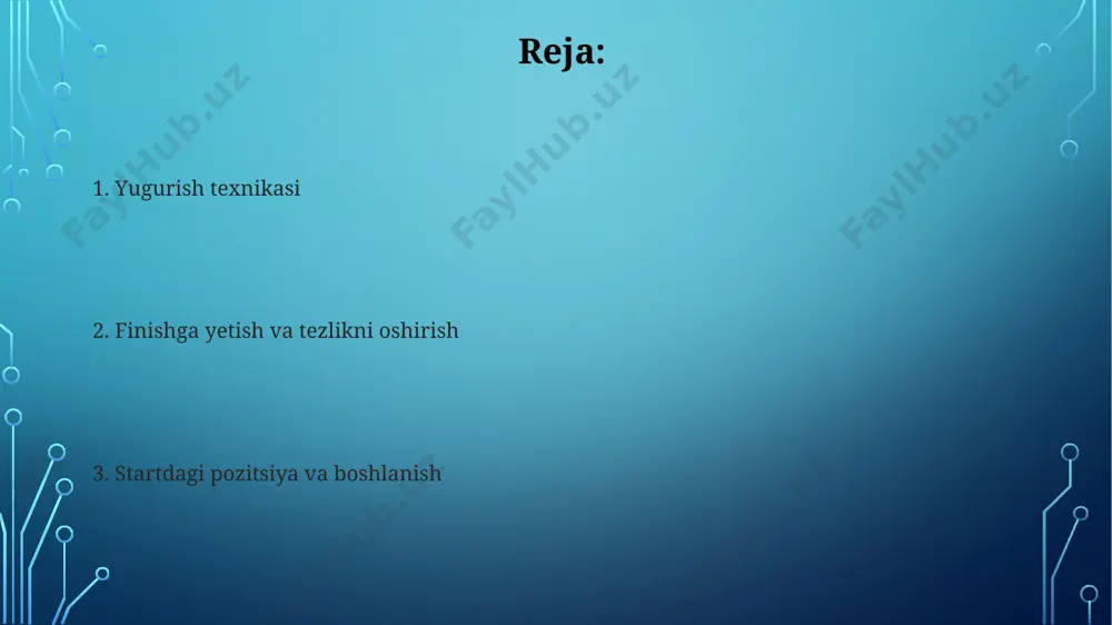 nlash uchun gorizontal harakatga oʻtishga intiladi. qadam uzunligi va chastotasi qadam uzunligi va chastotasi individual xususiyatlarga bogʻliq, ammo 100 metr masofani bosib oʻtish vaqti bilan teskari bogʻliqlik kuzatiladi; ya'ni, tezroq yugurish uchun uzunlik va chastota optimal darajada muvozanatlashtirilishi zarur. yuqori tezlikka erishish uchun qadam uzunligi va chastotasi optimal nisbatda boʻlishi kerak, taxminan 4.5 ga yaqin qadam chastotasi bilan birga 2.5 metrga yaqin uzunlik maqsadga muvofiqdir. yakuniy tezlashtirish va finish yakuniy tezlashtirish bosqichida 10-15 metr masofada maksimal tezlikka erishishga harakat qiling, bu yerda 400 dan ortiq mushak tolasi faol ishtirok etadi. finish chizig'iga yaqinlashganda, qo'llarni faolroq ishlatish orqali tanani oldinga siljitish tezligini oshiring, bu 2-3% ga yaxshilashga yordam beradi. e'tiboringiz uchun rahmat @taqdimot_robot image3.jpg image4.jpg image5.jpg image6.jpg image7.jpg image8.jpg image9.jpg image2.png