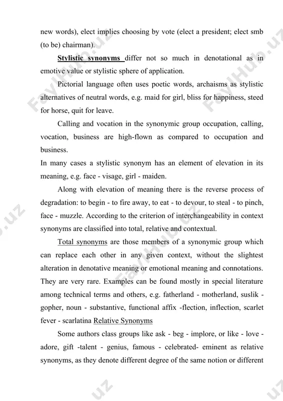ete to ascend instruction abdomen there are also words that came from dialects, in the last hundred years, from american english, in particular, e.g. long distance call ae - trunk call be, radio ae - wireless be. synonyms are also created by means of all word - forming processes productive in the language. synonymic differentiation it must be noted that synonyms may influence each other semantically in two diametrically opposite ways: one of them is dissimilation or differentiation, the other - the reverse process, i.e. assimilation. many words now marked in the dictionaries as "archaic" or "obsolete" have dropped out of the language in the competition of synonyms, others survived with a meaning more or less different from the original one. this process is called synonymic differentiation and is so current that is regarded as an inherent law of language development. the development of the synonymic group land has been …