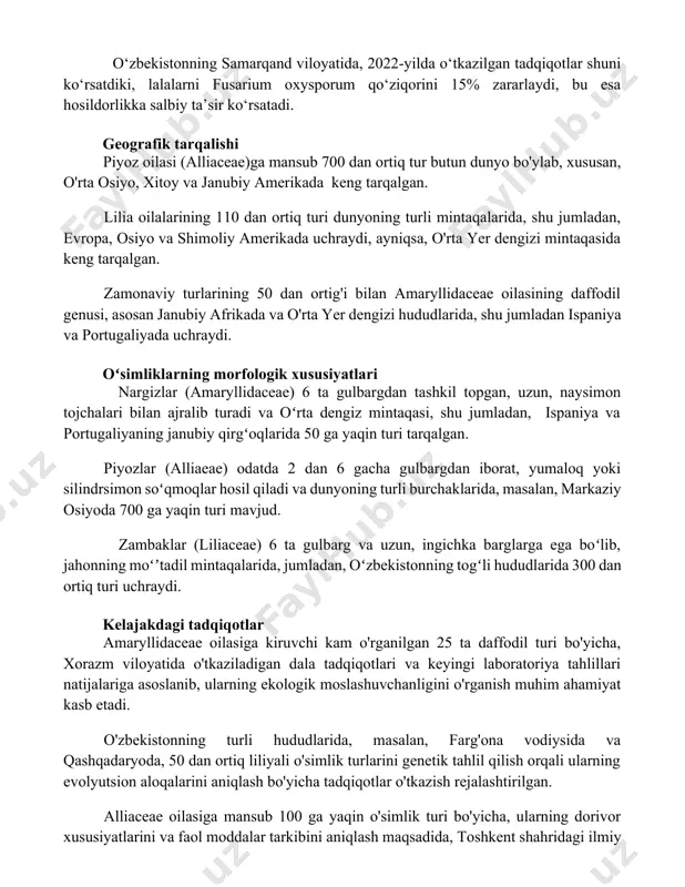 iq tur butun dunyo bo'ylab, xususan, o'rta osiyo, xitoy va janubiy amerikada keng tarqalgan. lilia oilalarining 110 dan ortiq turi dunyoning turli mintaqalarida, shu jumladan, evropa, osiyo va shimoliy amerikada uchraydi, ayniqsa, o'rta yer dengizi mintaqasida keng tarqalgan. zamonaviy turlarining 50 dan ortig'i bilan amaryllidaceae oilasining daffodil genusi, asosan janubiy afrikada va o'rta yer dengizi hududlarida, shu jumladan ispaniya va portugaliyada uchraydi. oʻsimliklarning morfologik xususiyatlari nargizlar (amaryllidaceae) 6 ta gulbargdan tashkil topgan, uzun, naysimon tojchalari bilan ajralib turadi va oʻrta dengiz mintaqasi, shu jumladan, ispaniya va portugaliyaning janubiy qirgʻoqlarida 50 ga yaqin turi tarqalgan. piyozlar (alliaeae) odatda 2 dan 6 gacha gulbargdan iborat, yumaloq yoki silindrsimon soʻqmoqlar hosil qiladi va dunyoning turli burchaklarida, masalan, markaziy osiyoda 700 ga yaqin turi mavjud. zambaklar (liliaceae) 6 ta gulbarg va uzun, ingichka barglarga ega boʻlib, jahonning moʻʼtadil mintaqalarida, jumladan, oʻzbekistonning togʻli hududlarida 300 dan ortiq turi uchraydi. kelajakdagi tadqiqotlar amaryllidaceae oilasiga kiruvchi kam …