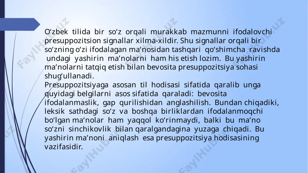 sababli nutqda faqat yuklamali sintaktik o‘ramlardan doimo zid mazmundagi axborotlar anglashiladi. masalan, «faqat bitta aybi bor...» (o‘.hoshimov. «ikki eshik orasi») gapida presuppozitsiya orqali «boshqa aybi yo‘q» axboroti ifodalangan. bu axborot gapning sintaktik qurilishiga zid holda yashirin ifodalangan. ma’lum bo‘ladiki, presuppozitsiya gapda nutqiy vaziyat bilan bog’liq holda yashirin tarzda reallashuvchi hodisa, uning to‘g’ri tushunilishida nolisoniy omillar - nutqiy vaziyat, kontekst, so‘zlovchi va tinglovchiga oldindan ma’lum bo‘lgan umumiy bilimlar hamda nutq egalarining til ko‘nikmalari yordamga keladi. bu nolisoniy omillar gap sintaktik strukturasida aks etmagan, yashirin ifodalanuvchi presuppozitsiyaning oson tushunilishiga yordam beradi. e’tiboringiz uchun rahmat /docprops/thumbnail.jpeg