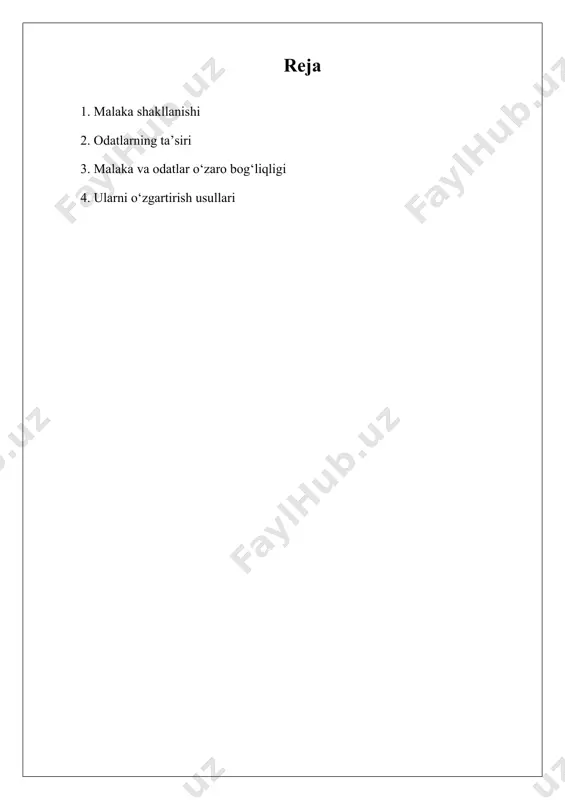 a faoliyati bilan bog‘liq. sezgilar orqali qabul qilingan ma’lumotlar miya tomonidan tahlil qilinib, tegishli javob shakllanadi. dastlab inson biror faoliyatni ongli ravishda bajaradi, keyinchalik esa bu jarayon refleks darajasiga yetib, avtomatlashtiriladi. masalan, haydovchilikni o‘rganayotgan inson dastlab har bir harakatni ongli ravishda bajaradi, lekin tajriba ortishi bilan harakatlar avtomatik tarzda amalga oshiriladi. sezgilar, malaka va odatlar inson hayotining ajralmas qismidir. ularning rivojlanishi va mustahkamlanishi insonning muvaffaqiyati va hayot sifatiga bevosita ta’sir ko‘rsatadi. shu sababli, inson o‘zining foydali odatlarini shakllantirish va malakalarini rivojlantirishga doimiy e’tibor qaratishi lozim. shaxsning malaka va odatlari insonning kundalik hayotida, kasbiy faoliyatida va ijtimoiy munosabatlarida muhim rol o‘ynaydi. malaka va odatlar inson ongining rivojlanishi, sezgilar orqali qabul qilinadigan ma’lumotlar va asab tizimi faoliyatiga bevosita bog‘liqdir. bu jarayon uzoq muddatli tajriba, mashq qilish va takrorlash natijasida shakllanadi. malaka insonning muayyan faoliyatni ongli ravishda bajarish qobiliyatidir. bu qobiliyat tajriba orttirish va mashq qilish orqali rivojlanadi. masalan, musiqa chalish, avtomobil boshqarish, …