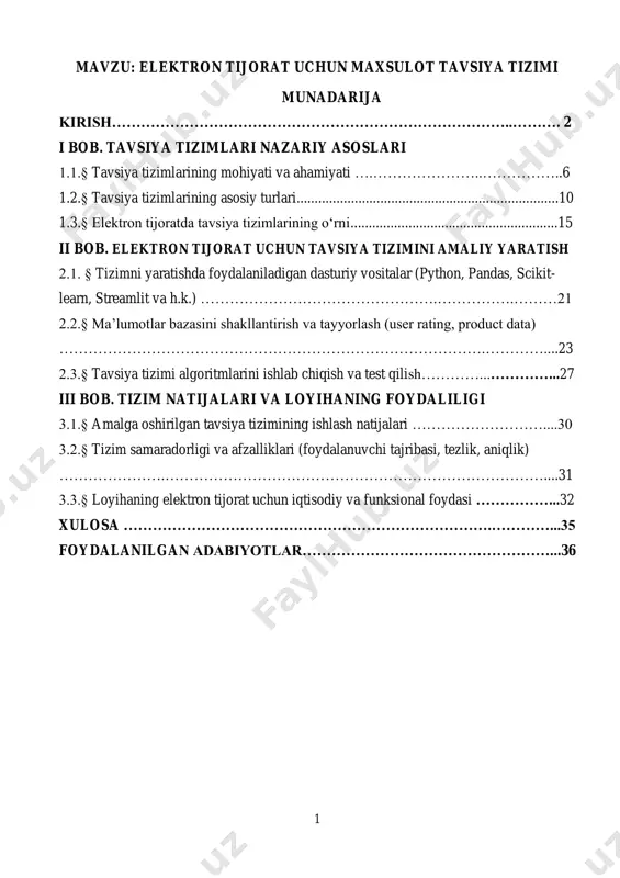 tizimlari ajralmas va zaruriy vosita hisoblanadi. mazkur kurs ishida elektron tijorat doirasida mahsulot tavsiya tizimining nazariy asoslari, amaliy joriy etilishi va uning foydalari yoritib beriladi. dastlab, tavsiya tizimlarining asosiy tushunchalari va turlari haqida nazariy ma’lumotlar keltiriladi. so‘ng, real elektron tijorat tizimida tavsiya tizimini yaratish uchun zarur bo‘lgan texnologiyalar, dasturlar va bajarilishi kerak bo‘lgan bosqichlar amaliy jihatdan ko‘rib chiqiladi. yakuniy bobda esa yaratilgan tizimning natijalari, afzalliklari, foydalari va 3 kelgusida uni takomillashtirish imkoniyatlari tahlil qilinadi. shu orqali foydalanuvchi ehtiyojiga mos, qulay va zamonaviy mahsulot tavsiya tizimi yaratish yo‘llari o‘rganiladi. shuningdek, mahsulot tavsiya tizimlari zamonaviy sun’iy intellekt va mashinani o‘rganish (machine learning) texnologiyalarining eng samarali qo‘llanilish sohalaridan biri hisoblanadi. ushbu tizimlar foydalanuvchilarning xatti-harakatlari, xaridlar tarixi, reytinglar, izohlar va ko‘rish tarixi kabi katta hajmdagi ma’lumotlarni chuqur tahlil qilish orqali shaxsiylashtirilgan tavsiyalarni ishlab chiqadi. aynan mana shu tahlil va prognoz qilish imkoniyati ularni an’anaviy savdo strategiyalaridan ustun qiladi. bugungi raqamli raqobat muhitida mijozning vaqtini …
