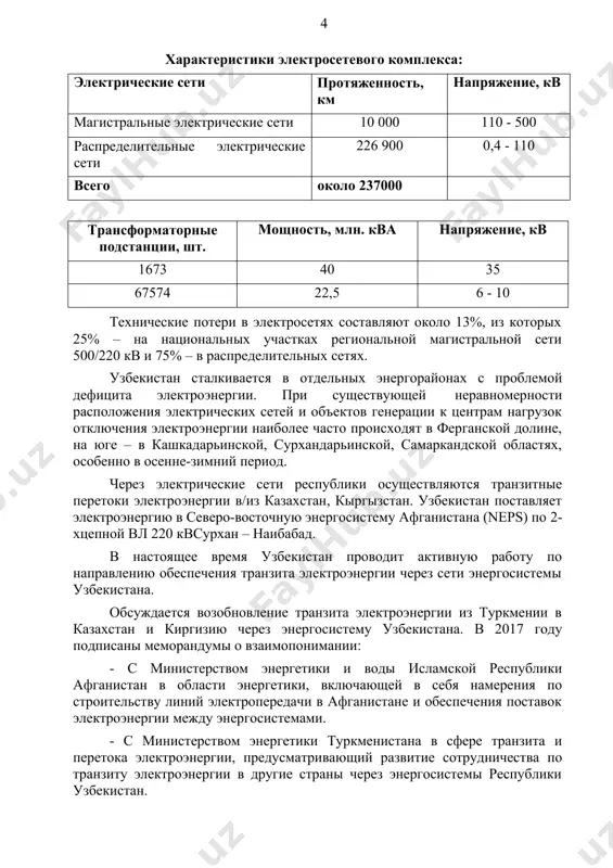 ан - наибабад 220 150 до декабря 2009 г. энергосистема узбекистана импортировала паводковую гидроэлектроэнергию из кыргызской республики и таджикистана в летний период и экспортировала избыточный объем электроэнергии (в среднем около 1 твт ч) в зимний период в таджикистан. с декабря 2009 г. эксплуатация энергосистемы таджикистана осуществляется изолировано от других стран цаэс. в 2017 году состоялся ряд встреч и переговоров между таджикистаном и узбекистаном по вопросу восстановления параллельной работы. по информации таджикской стороны к настоящему времени таджикистан полностью готов к соединению от подстанции 500 кв «регар» до подстанций на территории узбекистана и приступить к поставкам электроэнергии в узбекистан по данным линиям в летний период. следует иметь ввиду, что имеются сложности по восстановлению параллельной работы по старой схеме из-за произошедших изменений в схеме электрических соединений с 2009 года, как в оэс ца, так и в энергосистеме таджикистана. требуется реконструкция противоаварийной автоматики. по сообщению ао «узбекэнерго» энергосистемы узбекистана и таджикистана могут наладить параллельную …