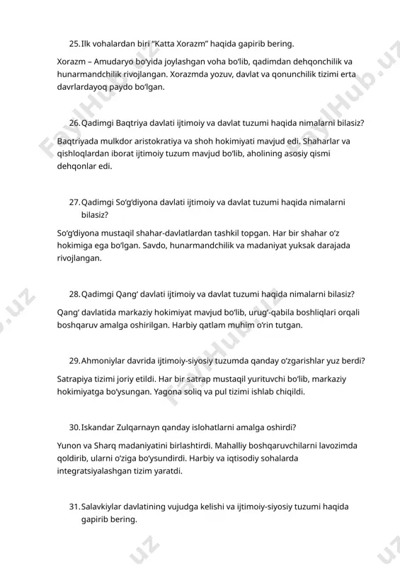 aruv kuchli bo‘lgan. 35. odat huquqi va ilk huquqiy manbalar haqida gapirib bering. odat huquqi – jamiyatda uzoq yillar davomida shakllangan, yozma bo‘lmagan qoidalardir. ilk huquqiy manbalar esa xammurapi qonunlari, manu qonunlari va avestodagi me’yorlardir. 36. “avesto”da qanday huquqiy masalalar yoritilgan? oila, meros, jinoyat va ibodat bilan bog‘liq huquqiy me’yorlar yoritilgan. ezgulik va yovuzlik tushunchalari asosida qonunlar ishlab chiqilgan. 37. “avesto”da mulkiy munosabatlarning tartibga solinishi haqida nimalarni bilasiz? er, mol-mulk, chorva, xonadon egasi huquqlari belgilangan. boshqalarning mulkiga zarar yetkazish jinoyat hisoblangan. 38. “avesto”da oila munosabatlarining tartibga solinishi qanday belgilangan? nikoh, ajralish, er va xotin huquqlari ko‘rsatilgan. farzandlar tarbiyasi va merosga bo‘lgan huquqlar alohida belgilangan. 39. “avesto”da jinoyat va jazo masalalari qanday belgilangan? yovuzlikka qarshi kurash asosida jinoyatlar belgilangan. jazolar og‘ir bo‘lgan: jismoniy jazo, jarima, ibodat bilan poklanish. 40. “avesto”da sud ishlarining yuritilishi haqida nimalar deyiladi? sudlar diniy asosda yuritilgan. gunohkorlikni aniqlash uchun guvohlar, qasam ichish va ruhoniylarning hukmi asosiy rol …