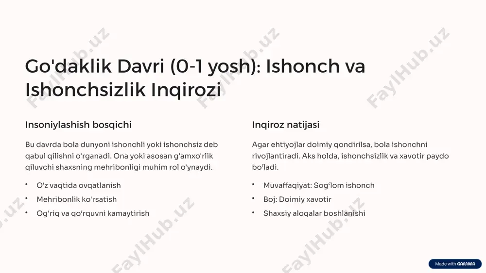 enerativlik va turg'unlik inqirozi 1 generativlik ushbu davrda inson jamiyatga, oilaga va kelajak avlodga foydali hissalar qo‘shishga intiladi. 2 turg'unlik agar ulush qo‘sha olmasa yoki o‘zini bekorchi deb hisoblasa, stagnatsiya va norozilik paydo bo‘ladi. 3 hayot ma'nosi generativlik hayotga ma'no, energiya va yangi maqsadlar berishga yordam beradi. kech yetuklik davri (65+ yosh): butunlik va umidsizlik inqirozi 1 butunlik yoshga yetgan odam hayotini ko‘rib chiqib, o‘z yutuqlari va imkoniyatlari bilan kifoyalanadi. 2 umidsizlik agar inson o'tmishdagi xatolar va qoniqarsiz tajribalar haqida fikrlasa, afsus va umidsizlik yuzaga keladi. 3 qabul qilish hayotning yakuniy bosqichida qabul qilish va tinchlikka erishish muhim ahamiyat kasb etadi. image1.png image2.png image3.png image4.png image5.png image6.png image7.png image8.png image9.png image10.png image11.png image12.png image13.png image14.png image15.png image16.png image17.png image18.png image19.png image20.png