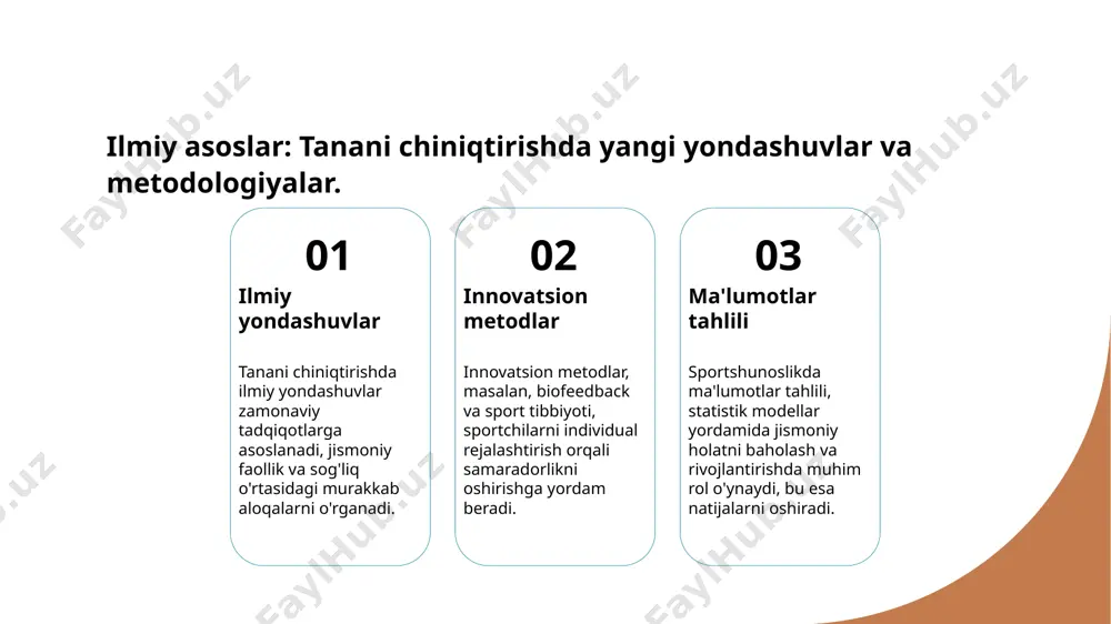 iniqtirish sog'liqni yaxshilashda muhim rol o'ynaydi. jismoniy faoliyat stressni kamaytiradi, immunitetni kuchaytiradi va insonlarning farovonligini oshiradi. 2 milliy sportlar va sog'liq o'zbekistonda milliy sportlar, masalan, kurash va qilichbozlik, tanani chiniqtirishda muhim ahamiyatga ega. ular jismoniy faollikni oshirib, sog'liqni mustahkamlaydi. 3 ilmiy yondashuvlar metodlar tanani chiniqtirishda ilmiy yondashuvlar zamonaviy tadqiqotlarga asoslanadi. innovatsion metodlar sportchilar samaradorligini oshirishda muhim rol o'ynaydi va natijalarni kuchaytiradi. foydalanilgan adabiyotlar 1. xudoyberdiyev, o. m. tanani chiniqtirish va uning ilmiy asoslari. o'zbekiston milliy universiteti, 2021 2. abdullaeva, d. t. ilmiy metodlar va sog'liq: nazariya va amaliyot. o'zbekiston sog'liqni saqlash vazirligi, 2022 3. khamidov, n. s. o'zbekistondagi madaniy amaliyotlar va ularning sog'liq uchun ahamiyati. o'zbekiston fanlar akademiyasi, 2023 4. saidov, m. r. tanani chiniqtirish usullari va ularning samaradorligi. o'zbekiston tibbiyot akademiyasi, 2020 5. tursunov, i. a. tanani chiniqtirishning asosiy tamoyillari. o'zbekiston jismoniy tarbiya instituti, 2019 e'tiboringiz uchun rahmat! /docprops/thumbnail.jpeg