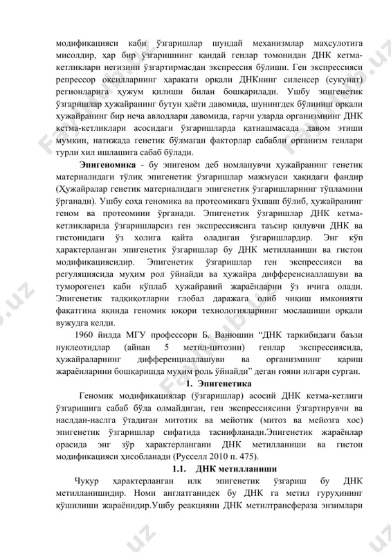 . epigenezis va epigenetik sifat birikmasidan 1942 yilda c.h.waddington tomonidan epigenetika atamasi valentin heikerning (valentin haecker) epigenezisga aloqador fenogenetika'si bilan parellel ravishda tuzildi. biologiya muhitida epigenezis embrional rivojlanishda hujayralar dastlabki totipotent holatidan ularning diffensiallashuvini anglatadi. atama “o'zlarini o'zgartirish” ma'nosida ham qo'llaniladi: nukleotid ketme-ketliklaridagi o'zgarishni o'z ichiga olmay, genomga tegishli funksional o'zgarishlarni yuzaga chiqaradi. dnk metillanishi va giston modifikatsiyasi kabi o'zgarishlar shunday mexanizmlar mahsulotiga misoldir, har bir o'zgarishning qanday genlar tomonidan dnk ketma-ketliklari negizini o'zgartirmasdan ekspressiya bo'lishi. gen ekspressiyasi repressor oqsillarning harakati orqali dnkning silencer (sukunat) regionlariga hujum qilishi bilan boshqariladi. ushbu epigenetik o'zgarishlar hujayraning butun hayoti davomida, shuningdek bo'linish orqali hujayraning bir necha avlodlari davomida, garchi ularda organizmning dnk ketma-ketliklari asosidagi o'zgarishlarda qatnashmasada davom etishi mumkin, natijada genetik bo'lmagan faktorlar sababli organizm genlari turli xil ishlashiga sabab bo'ladi. epigenomika - bu epigenom deb nomlanuvchi hujayraning genetik materialidagi to'liq epigenetik o'zgarishlar majmuasi haqidagi fandir (hujayralar genetik materialidagi epigenetik o'zgarishlarning to'plamini o'rganadi). …