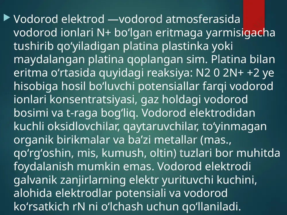 a interfeysi o'rnini egalladi, bu erda h kontsentratsiyasi+ 1 edim, lekin h+ ionlar boshqa ionlar bilan o'zaro aloqasi yo'q deb taxmin qilingan (bu konsentrasiyalarda jismonan erishib bo'lmaydigan holat). ushbu yangi standartni avvalgisidan farqlash uchun unga "standart vodorod elektrodi" nomi berilgan. va nihoyat, potentsial eritmaning ph qiymatiga bog'liq bo'lgan amaliy vodorod elektrod bo'lgan rhe (qaytariladigan vodorod elektrodi) atamasi ham mavjud. vodorod so'rilganida paladyumda ikki faza birga yashashi mumkin: paladyum atomiga 0,025 atomdan kam bo'lgan vodorod kontsentratsiyasida alfa-faza ga mos keladigan vodorod kontsentratsiyasida beta-faza stexiometrik emas formulasi pdh0.6 paladyum elektrodining h bilan muvozanatda bo'lgan elektrokimyoviy harakati3o+ eritmadagi ionlar paladyumning molekulyar vodorod bilan ishlashiga parallel shunday qilib muvozanat bir holatda qisman bosim bilan boshqariladi yoki qochoqlik molekulyar vodorod va boshqa holatda - tomonidan faoliyat h ning+eritmadagi ionlar. normal vodorod elektrodi eritmadagi faqat bir ion -vodorod ioniga nisbatan qaytar bo‘lgani uchun birinchi tur qaytar elektrodlar qatoriga kiradi.: h 2 2h+ + 2e- shuning uchun …