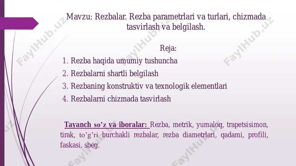 di. yoki maxsus detallar yordamida (bolt, vint, shpilka kabilar) biriktiriladi va ajratiladi. barcha birikmalar rezbalar yordamida amalga oshiriladi. rezbaning profiliga qarab ularni uchburchakli, trapetsiyasimon, yumaloq, to’g`ri burchakli va boshqacha profillarga ajratiladi. rezbalar tasnifi: 1) rezba o’yilgan sirtiga qarab ularni silindrik va konussimon rezbalarga ajratiladi; 2) rezbalarning sirtga nisbatan joylashishiga qarab ularni tashqi va ichki rezbalarga ajratiladi; 3) rezbalardan foydalanishga qarab ularni biriktiruvchi (metrik), zichlab biriktiruvchi (konussimon), trubasimon, suriluvchi (tirakli trapetsiyasimon), maxsus va boshqalarga ajratiladi; 4) rezbaning vintli sirtining yo’nalishiga qarab ularni o’ng va chap yo’lli rezbalarga ajratiladi; 5) rezbalarni kirimining soniga qarab 1 kirimli yoki ko’p kirimli (ikki kirimli, uch kirimli va hokazo) guruhlarga ajratiladi. rezba – bu slindrik yoki konus sirti bo’ylab tekis kontur vintsimon harakatidan hosil bo’lgan sirt. hamma rezbalar ikki guruhga bo’linadilar: standartlashtirilgan va standartlashtirilmagan. standartlashtirilgan rezbalarni parametri (profili, qadami va diametri) standart bilan aniqlangan. standartlashtirilmagan rezbalar yoki maxsus rezbalarni parametrlari standartga to’g’ri kelmaydi. rezba turlarini uning …
