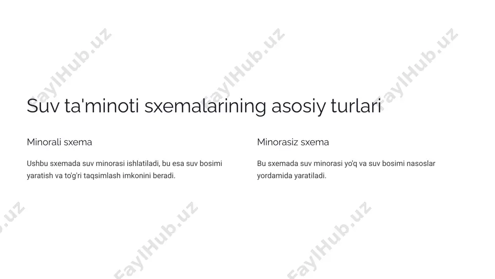 rasiz sxema esa arzonroq. 7 quvurlarni to'g'ri tanlash mezonlari 1 suvning xususiyatlari 2 bosim yuqori bosimga chidamli quvurlar talab etiladi. 3 harorat issiq suv uchun issiqlikka chidamli quvurlar tanlanadi. 4 o'rnatish joyi tanaffus va tuproq sharoitlari hisobga olinadi. 5 byudjet arzon va samarali variantlar tanlanadi. 8 quvurlar to'g'ri o'rnatilishining ahamiyati 1 bosim yo'qotilishi noto'g'ri o'rnatilgan quvurlar bosimni kamaytirishi mumkin. 2 suv oqishi noto'g'ri o'rnatish suv oqishiga olib kelishi mumkin. 3 tizimning xizmat muddatining qisqarishi noto'g'ri o'rnatish quvurlarni tezroq buzilishiga olib kelishi mumkin. 9 xulosa va tavsiyalar 1 tanlash suv ta'minoti tizimiga mos keladigan quvurlarni tanlash muhim. 2 o'rnatish quvurlarni to'g'ri o'rnatish tizimning xizmat muddatini uzaytiradi. 3 texnik xizmat suv ta'minoti tizimiga muntazam texnik xizmat ko'rsatish kerak. 10 image1.png image2.png image3.png image4.png image5.png image6.png image7.png image8.png image9.png image10.png image11.png image12.png image13.png image14.png image15.png image16.png image17.png image18.png