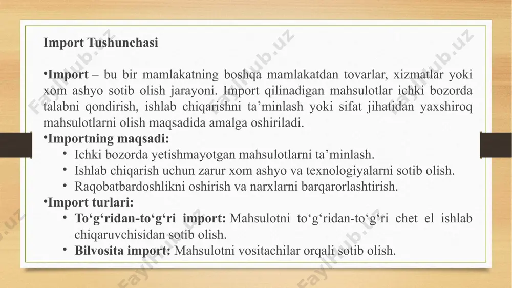 mahsulotlari, mashinalar, avtomobillar, qishloq xoʻjaligi mahsulotlari. xususiyati: italiya dizayn va moda sohasida yetakchi hisoblanadi. 8. fransiya eksport hajmi: ~600 milliard aqsh dollari (2023 yil). asosiy eksport mahsulotlari: samolyotlar, farmatsevtika, qishloq xoʻjaligi mahsulotlari, kimyo mahsulotlari. xususiyati: fransiya aerokosmik sanoat va qishloq xoʻjaligi mahsulotlari eksporti boʻyicha kuchli. 9. birlashgan qirollik (buyuk britaniya) eksport hajmi: ~550 milliard aqsh dollari (2023 yil). asosiy eksport mahsulotlari: farmatsevtika, mashinalar, neft va gaz, moliyaviy xizmatlar. xususiyati: birlashgan qirollik moliyaviy xizmatlar va yuqori texnologiyali mahsulotlar eksporti boʻyicha yetakchi. 10. hindiston eksport hajmi: ~500 milliard aqsh dollari (2023 yil). asosiy eksport mahsulotlari: dori-darmon, toʻqimachilik, it xizmatlari, qishloq xoʻjaligi mahsulotlari. xususiyati: hindiston it xizmatlari va farmatsevtika sohasida kuchli. dunyoning eng koʻp import qiladigan davlatlari odatda yirik iqtisodiyotga ega boʻlgan, aholisi koʻp va ishlab chiqarish resurslariga talab yuqori boʻlgan mamlakatlardir. import mahsulotlari asosan isteʼmol tovarlari, xom ashyo, energetika resurslari va yuqori texnologiyali mahsulotlardan iborat. quyida 2020-2023 yillarda dunyoning eng yirik importchi …