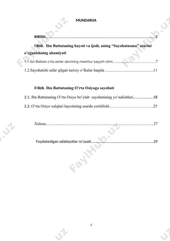 ik bilimlarni rivojlantirishdagi hissasi haqida shunday yozgan: «mashhur ibn battuta barcha musulmon mamlakatlarini aylanib chiqqan oxirgi buyuk sayyoh va universal geograf-amaliyotchi edi. uning sayohati... hali ham ehtirom bilan tilga olinadi... o`rta asrlardagi oltin o`rda va o`rta osiyo haqidagi biror-bir ilmiy ishni ibn battutaga murojaat qilmasdan bajarishning iloji yo`q...»[footnoteref:2]. [2: ibn battuta. sayohatnoma: mas’ul muharrir va muqaddima muallifi n. ibrohimov. t.:“sharq”, 3-bet.] yurtimiz mustaqillikka erishgach tarixchilar oldida katta vazifa ya’ni, vatan tarixini iloji boricha aniq va haqqoniy qilib xalqga yetkazib berish qo’yildi. undan oldingi vaqtlarda vatan tarixini o’rganilishiga chuqur e’tibor berilmagan. tarixni yozishni eng ishonchli va samarali yo’li o’sha davrda yozilgan sof manbalarga tayanib yozishlikdir. ayni shu jihatlaridan olib qaraydigan bo’lsak, “sayohatnoma” asari o’rta asrlarda muallif tomonida hech qanday to’qimalar, ortiqcha mubolag’alarsiz va biror bir g’oya ostida turmagan holda, shunchaki, sayohatchini o’zi dunyodagi xalqlar hoyotida, o’lkalarda ko’rgan, qatnashgan va eshitgan voqea-hodisa, jarayon va jonli hayot asosida yozilgan noyob asarlardandir. bu asarni …