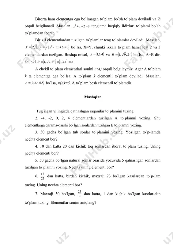 natural bo`luvchilari to`plami bo`lin. va to`plamlarni tuzing. 25.[-2, 5] va [3, 7] kesmalarning kesishmasini toping. 26. to`plamlar berilgan. ni toping. deyish to`g`rimi? 27. e ikki xonali sonlar to`plami, f barcha juft sonlar to`plami bo`lsa, to`plamga qanday elementlar kiradi? 28. bo`lsin. quyidagi to`p-lamlarda nechtadan element mavjud: 29. bo`lsin. e\f va e\f to`p-lamlar elementlarini toping. 30. e ikki xonali natural sonlar to`plami, f-toq natural sonlar to`p-lami bo`lsin. e\f va f\e to`plamlarni tuzing. 3 n1 orqali natural sonlar to`plami n ning butun sonlar to`plami z ga to`ldiruvchisini belgilaymiz. quyidagilar to`g`rimi? 32. to`plamning z to`plamga to`ldiruvchisini toping. 33. to`plamning z to`plamga to`ldiruvchisini toping. 34. bo`lsa, a=b bo`lishini isbotlang. 35. tenglikni isbotlang. 36. tenglikni isbotlang. 37 guruh talabalaridan 15 tasi tennis bo`yicha seksiyaga qatnashadi, 11 tasi basketbolga, 6 tasi tennisga ham, basketbolga ham qatnashadi. ikkala seksiyada nechta talaba qatnashadi. 38. 50 ta sayyohdan 5 tasi ingliz tilini ham, fransuz tilini ham bil-maydi. agar 38 sayyoh …