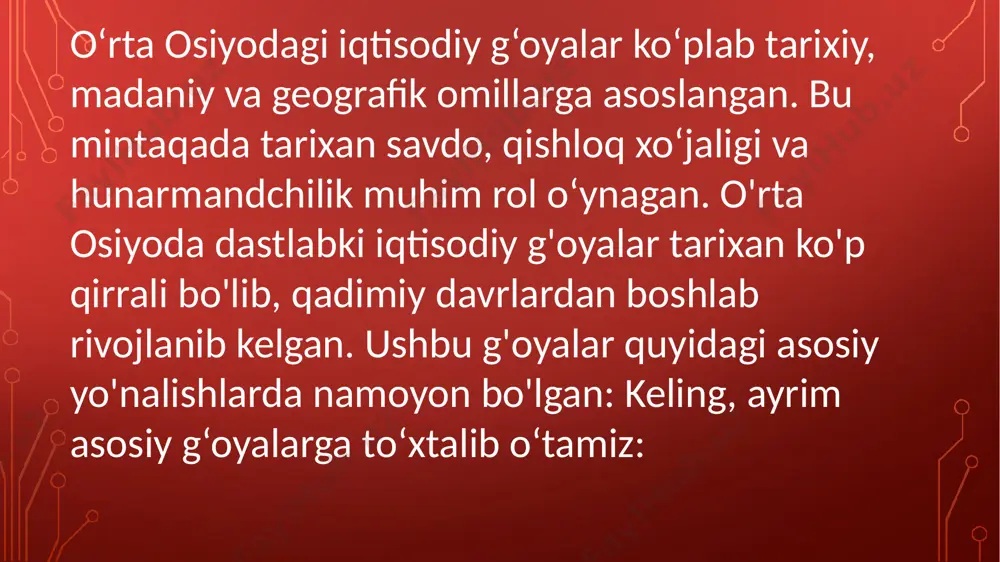 ’or ijtimoiy tafakkurning sharqdagi yirik markazlaridan biriga aylandi. bu davrda butun dunyoga tanilgan al-fargoniy, al-xorazmiy, forobiy, beruniy, ibn sino, yusuf xos xojib, nizomulmulk va boshqa ko’plab mutafakkirlar yashab, ijod qilishdi. ularning asarlarida iqtisodiy g’oyalar ham o’z aksini topgan. sharq renessansi davridagi olimlar shu davrdagi tijorat, mulkdorlik hunari sirlarini bayon etganlar. ularning asarlaridagi umumbashariy iqtisodiy taffakkur bugungi kunda ham dolzarbligi bilan muhim o’rin tutadi. ibn sino (980-1037)ning fikricha: «hayvon tabiat ne’matlariga qanoat qiladi, odamlarga esa tabiat ne’matlari kamlik qiladi, u ovqat, kiyim-kechak va uy-joyga extiyoj sezadi. hayvon tabiat ne’matlarini o’zlashtirib oladi, odam esa o’z mehnati bilan o’ziga ovqat, kiyim, joy yaratadi. shu maqsadda inson dehqonchilik va hunarmandchilik bilan shug’ullanishi kerak». forobiy (873-950) o’rta asr davri tabiiy-ilmiy va ijtimoiy bilimlarning qariyib barcha sohalarini o’z ichiga oluvchi 160 dan ortiq risola yaratgan «qomusiy olim sifatida tan olinadi. uning sharq olamidagi shuhrati shu darajaga yetdiki, uni aristotel (arastu)dan keyingi yirik mutafakkir- «muallimas -«soniy» - …