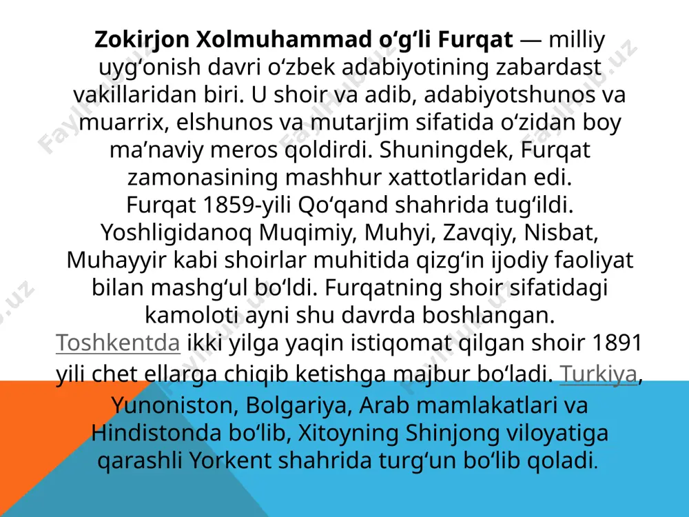 arda marg‘ilonga borib, u yerdagi masjidi jome hujrasida istiqomat qilgan, yoru birodarlari ko‘magida kichik do‘kon ochgan bo‘lsa-da, asosan, she’riyat bilan shug‘ullangan, shaharning ziyolilari, jumladan, xo‘jajon rojiy, muhammad umar umidiy-havoiy, mulla toshboltu royiq kabi ijodkorlar bilan tanishib, adabiy suhbatlar qurgan. furqat toshkentda rus ziyolilari, yevropacha hayot tarzi bilan tanishdi. chor ma’murlari shoirning teatr, gimnaziyaga, turli kontsertlarga kiritishni uyushtirdilar, ko‘rgazmalarga olib bordilar. yangi tarixiy sharoit tufayli yuz bergan o‘zgarishlarni mushohada etish natijasida furqat dunyoqarashida jiddiy o‘zgarish bo‘ladi va bu hol uning ijodida o‘z badiiy ifodasini topadi — ma’rifatparvarlik, yevropacha ilmmadaniyat, fan-texnikaga xayrixohlik shoir she’rlarining yetakchi g‘oyasiga aylana boradi. bu esa furqatning ko‘p asrli o‘zbek adabiyotiga yangi mavzular, yangi g‘oyalar olib kirishiga zamin bo‘ldi. toshkentda ochilgan erlar gimnaziyasi, maorif muassasalari, madaniyat va san’at o‘choqlarini, tobora ko‘proq kirib kelayotgan fan-texnika yangiliklarini kuzatish oqibatida uning «ilm xosiyati», «gimnaziya», «vistavka xususida», «akt majlisi xususida», «toshkent shaxrida bo‘lg‘on nag‘ma bazmi xususida», «suvorov» va boshqa asarlari maydonga keldi …
