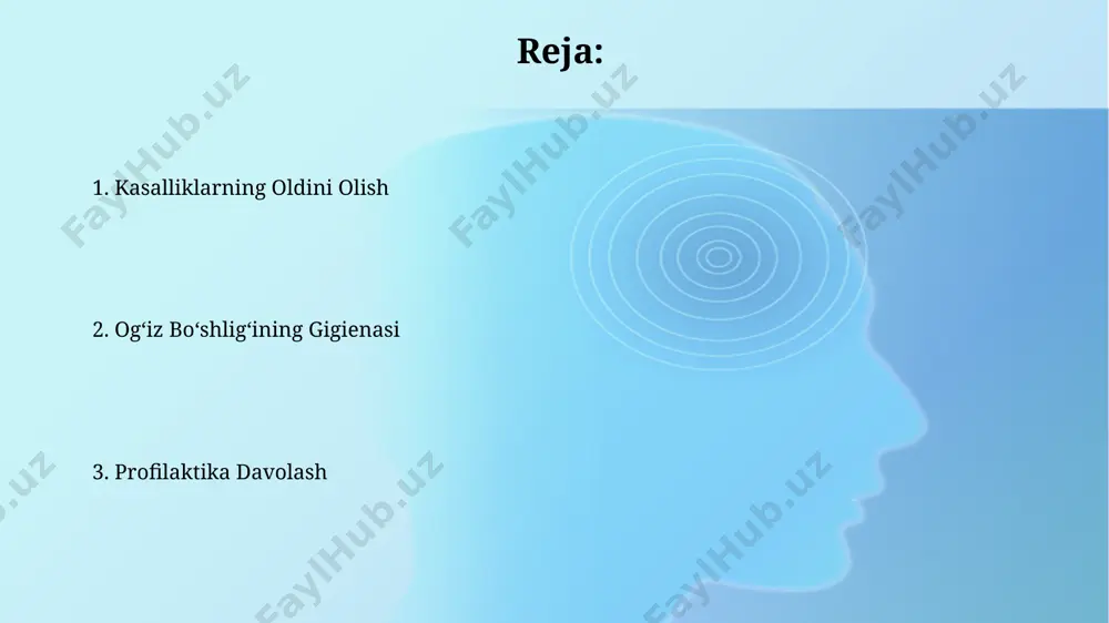 n yuzalarini tozalash imkonini beradi va andijon viloyatida olib borilgan so‘rovnomalarda yaxshi natijalarni ko‘rsatdi. tishlarni tozalashning to'g'ri texnikasi tishlarni tozalashda 45 daraja burchak ostida, yuqoridan pastga va teskarisiga, har bir tish yuzasiga 2-3 marta yumshoq harakatlar bilan cho'tka yuritish kerak. bunda 2-3 daqiqa vaqt ajratish tavsiya etiladi. tishlarni tozalashdan so'ng, og'iz bo'shlig'ini xlorheksidin yoki boshqa stomatolog tavsiya etgan antiseptik eritmalari bilan 30 sekund davomida chayish tavsiya etiladi, bu samarqanddagi stomatologik klinikalarda keng qo'llaniladi. sog'lom ovqatlanish va og'iz gigienasi sog'lom ovqatlanish, ya'ni kuniga kamida 5 marta meva-sabzavot iste'mol qilish va shirinliklarni cheklash, 70% dan ortiq og'iz bo'shlig'i kasalliklarining oldini olishga yordam beradi, xususan, toshkentdagi tadqiqotlar shuni ko'rsatmoqda. og'iz bo'shlig'ini muntazam tozalash, kuniga ikki marta 2 daqiqa davomida tish cho'tkasi va pastasi bilan, 85% gacha karies xavfini kamaytiradi, o'zbekiston stomatologlarining ta'kidlashicha. tishlarning orasini tozalash usullari tishlarning orasini tozalash uchun interdental cho'tkalaridan foydalaning, ularning o'lchamlari 0,4 dan 1,2 mm gacha bo'lib, individual tanlashni …