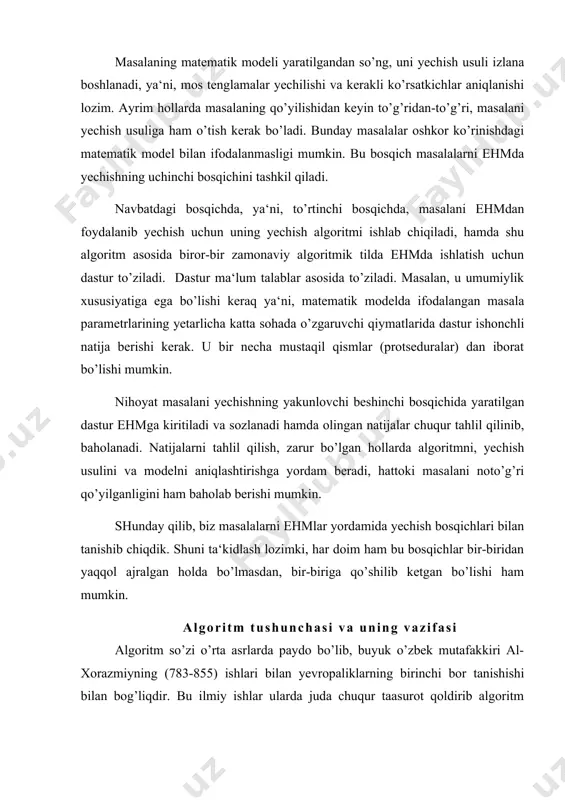 ega. shuningdeq masalani yechishda ishtirok yetadigan ob‘ektlarning qaysilari boshlang’ich ma‘lumot (masalani yechish uchun zarur bo’lgan ma‘lumotlar) va qaysilari natijaligini aniqlash, ular o’rtasidagi o’zaro bog’lanishni aniq va to’la ko’rsata bilish lozim. algoritmni ifodalash usullari, uning xossalari va o’nga qo’yiladigan talablar masalani yechishning algoritmini turli usullar bilan ifodalash mumkin: - so’z bilan; - blok-sxemalar shaklida; - formulalar orqali; - algoritmik tillar orqali va x.z. endi biror usulda tuzilgan algoritmning ayrim xossalari va algoritmga qo’yilgan ba‘zi bir talablarni ko’rib chiqaylik: 1. algoritm har doim bir qiymatlidir, ya‘ni uni bir hil boshlang’ich qiymatlar bilan ko’p marta qo’llash har doim bir hil natija beradi. 2. algoritm birgina masalani yechish qoidasi bo’lib qolmay, balki turli-tuman boshlang’ich shartlar asosida ma‘lum turdagi masalalar to’plamini yechish yo’lidir. 3. algoritmni qo’llash natijasida chekli qadamdan keyin natijaga erishamiz yoki natijaga erishish mumkin emasligi haqidagi ma‘lumotga ega bo’lamiz. algoritm - ma‘lum bir tipga oid hamma masalalarni yechishda ishlatiladigan operatsion tizimning muayan tartibda …
