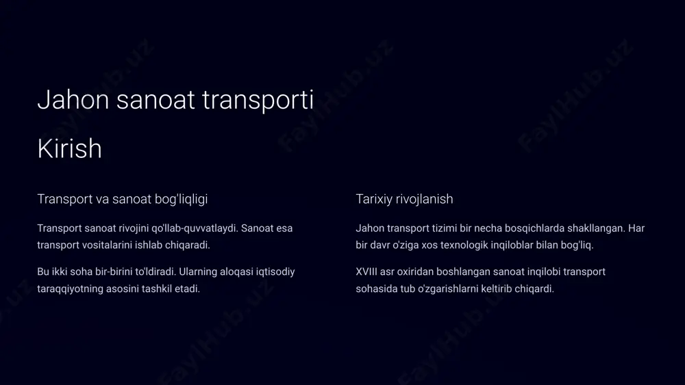 ovchisiz transport vositalari bozorining yillik o'sishi. 12 xulosa bugungi globallashuv davrida jahon sanoati va transport tizimi yildan-yilga kengayib, iqtisodiy o‘sishning asosiy harakatlantiruvchi kuchlaridan biriga aylanmoqda. zamonaviy sanoat tarmoqlari ishlab chiqarish hajmini oshirish bilan birga, raqamli texnologiyalar, yashil energiya va innovatsion avtomatlashtirish vositalaridan keng foydalanmoqda. ayniqsa, sun’iy intellekt, robototexnika va “aqlli logistika” tizimlari sanoatda katta burilish yasamoqda. transport sohasi esa bu jarayonlarda strategik ko‘prik vazifasini bajarib, ishlab chiqarish va iste’mol o‘rtasidagi muhim bog‘lovchi bo‘g‘in bo‘lib qolmoqda. xalqaro yuk tashuvlar, multimodal logistika tizimlari, yuqori tezlikdagi temir yo‘llar va ekologik toza transport vositalari hozirgi taraqqiyotning ajralmas qismi hisoblanadi. shuningdek, sanoat va transport tarmoqlari o‘rtasidagi integratsiya — bu zamonaviy iqtisodiy modelning tayanch yo‘nalishlaridan biridir. u ishlab chiqarish samaradorligini oshirish, mahsulotni tez va arzon yetkazib berish, hamda ekologik barqarorlikni ta’minlashda muhim rol o‘ynaydi. bu integratsiya nafaqat iqtisodiy, balki ijtimoiy va geosiyosiy barqarorlikka ham xizmat qiladi. shunday qilib, jahon miqyosida sanoat va transportning o‘zaro uyg‘un rivojlanishi, …