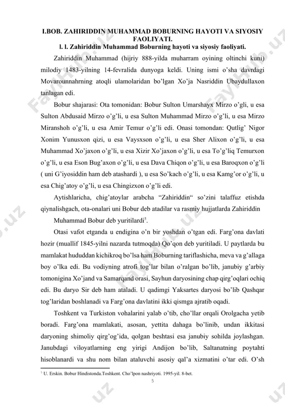 na davlatini ikki qismga ajratib oqadi. toshkent va turkiston vohalarini yalab o’tib, cho’llar orqali orolgacha yetib boradi. farg’ona mamlakati, asosan, yettita dahaga bo’linib, undan ikkitasi daryoning shimoliy qirg’og’ida, qolgan beshtasi esa janubiy sohilda joylashgan. janubdagi viloyatlarning eng yirigi andijon bo’lib, saltanatning poytahti hisoblanardi va shu nom bilan ataluvchi asosiy qal’a xizmatini o’tar edi. o’sh viloyati sharq tomonda joylashgan, marg’ilon esa g’arbda joylashgandir. isfara janubi- g’arbiy qismda tog’lar orasida joylashgan va nihoyat xo’jand qal’asi daryoning quyi qismida bo’lib, samarqand yo’li ana shu yerdan o’tadi. daryoning shimoliy qismidagi viloyatlar axsi va koson edi. axsi saltanatdagi ikkinchi mavqeyni egallaydigan qal’a bo’lib, umarshayx mirzo ko’p vaqtini o’sha yerda o’tkazar edi. undan shimoliy sharqda koson kasabasi joylashgan. o’zi kichkina davlat bo’lsa ham farg’ona tuprog’i juda unumdor, mo’tadil iqlimli edi. yozda issiq va qishda sovuq bo’lsa ham, mo’l g’alla va meva, nok, anor, bodom va qovunga boy edi. uning bog’lari va uzumzorlari mashhur edi. farg’ona davlatida …